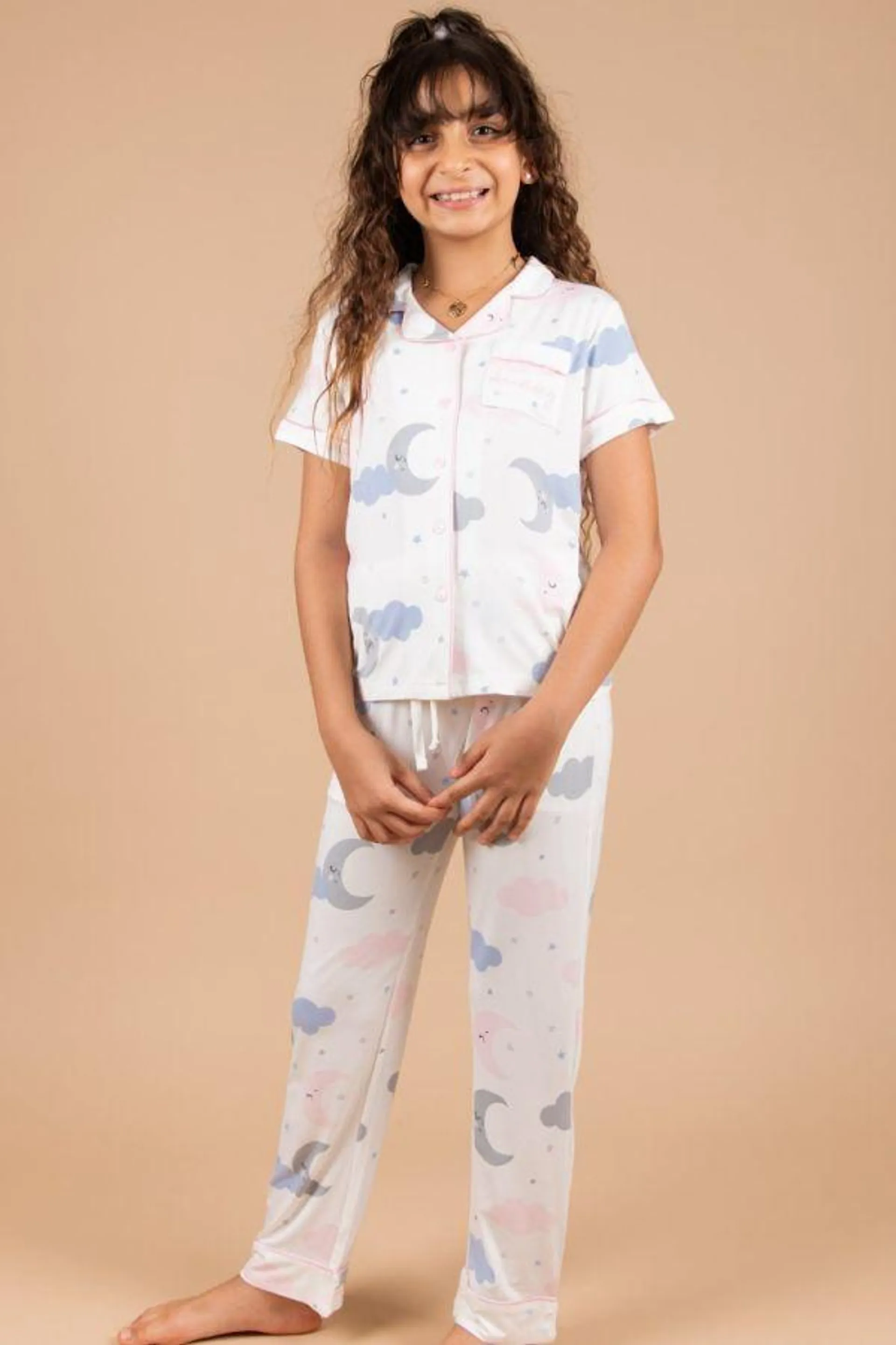 Girls White Moon Stars Button Through PJ