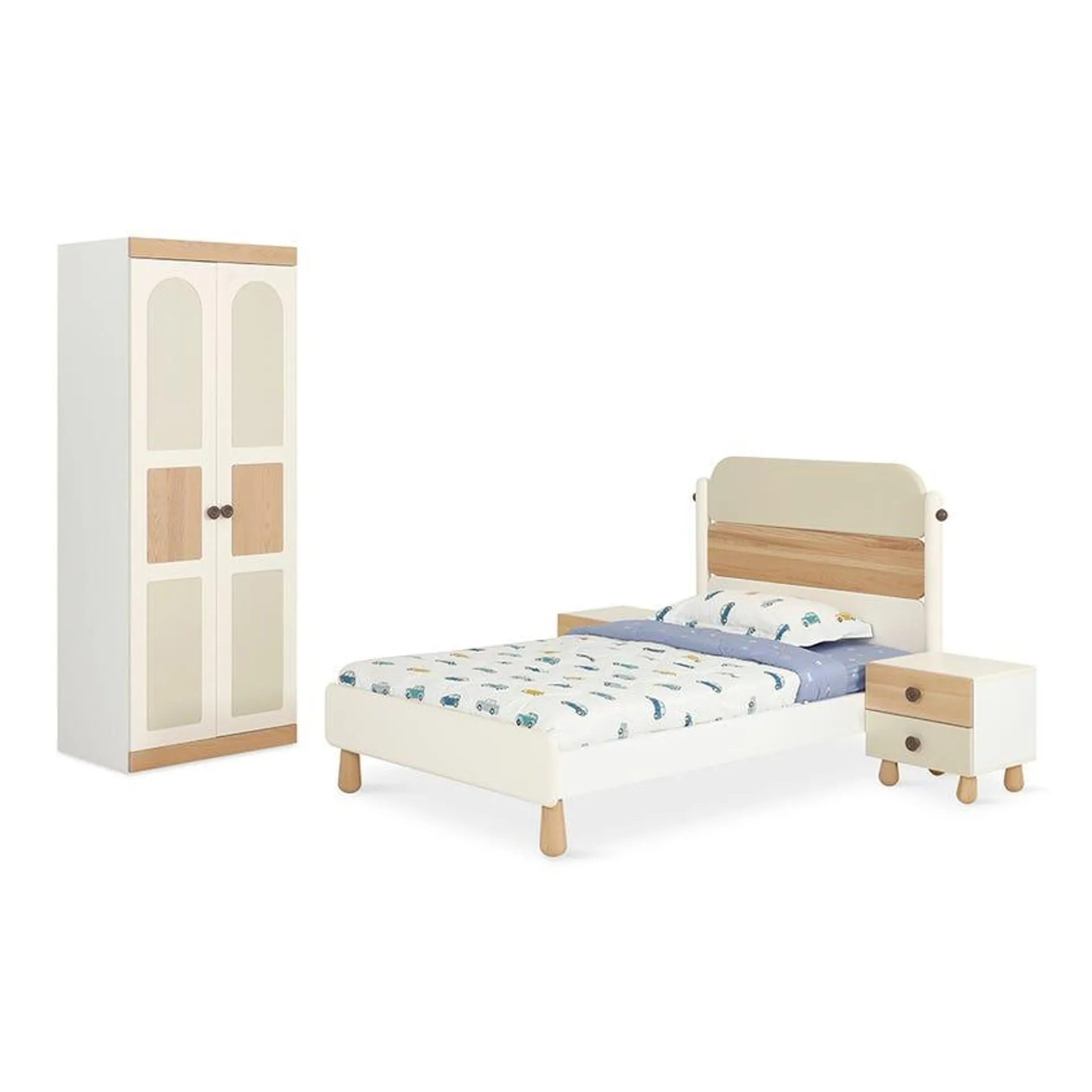 Desiree Double-Sized Bed Set with 2-Door Wardrobe, White & Natural