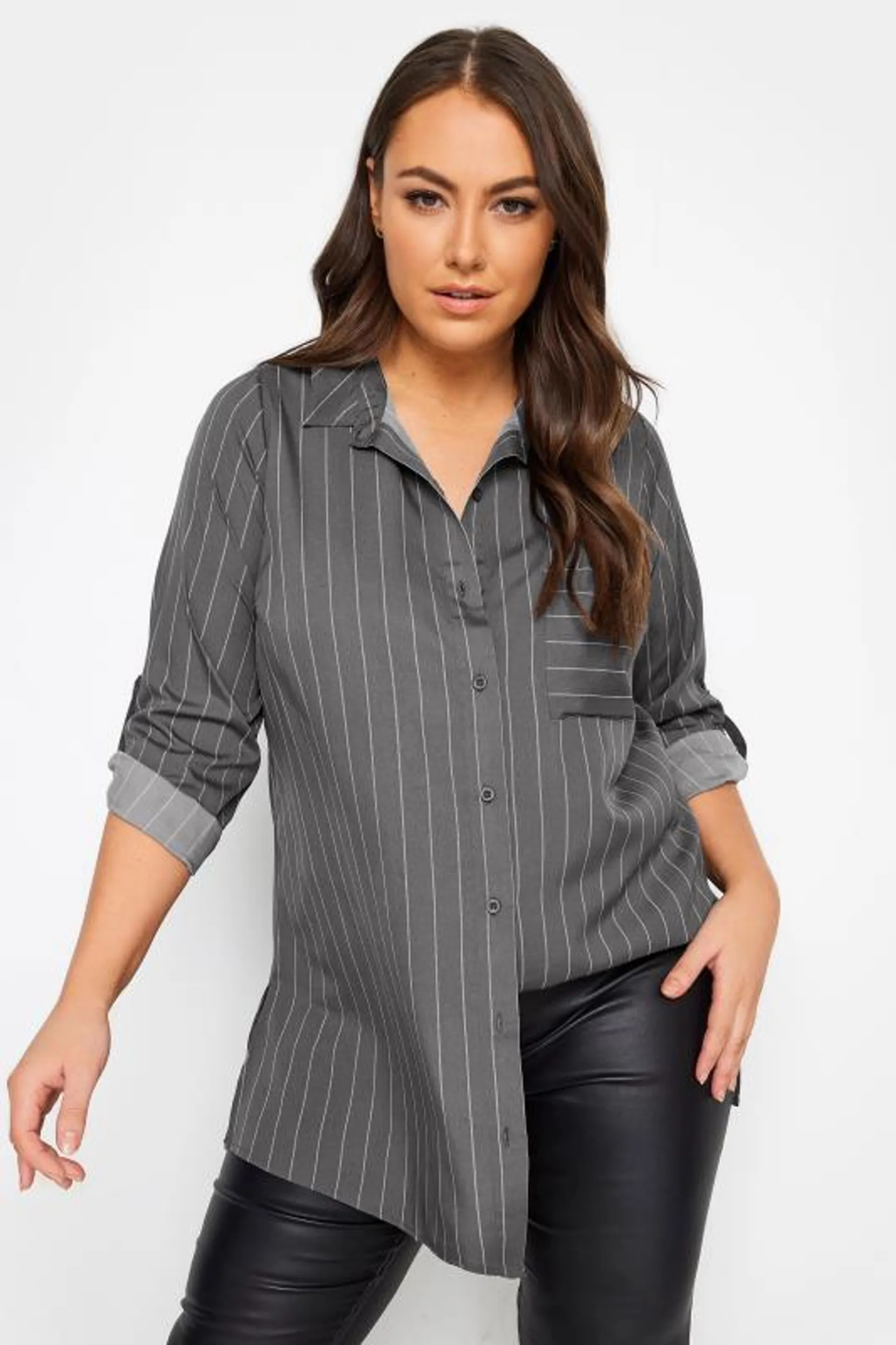 YOURS Curve Grey Stripe Print Boyfriend Shirt