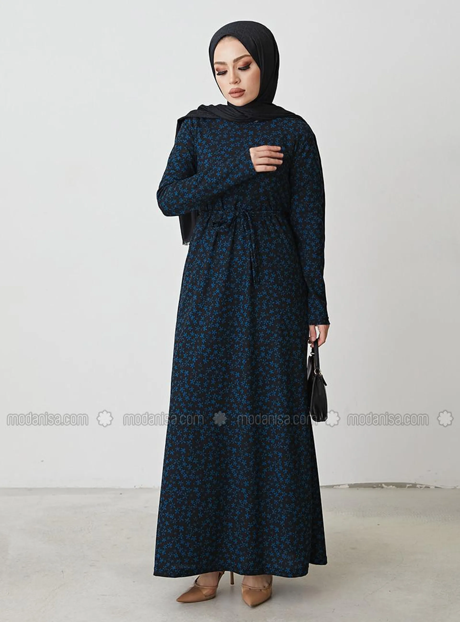 Floral Patterned Modest Dress Black Navy Blue