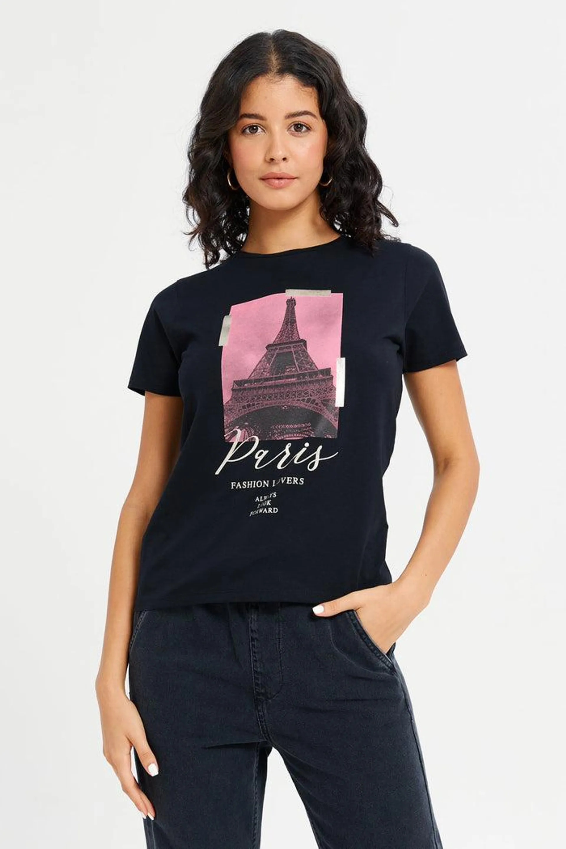 Women Black Paris Embellished T-Shirt