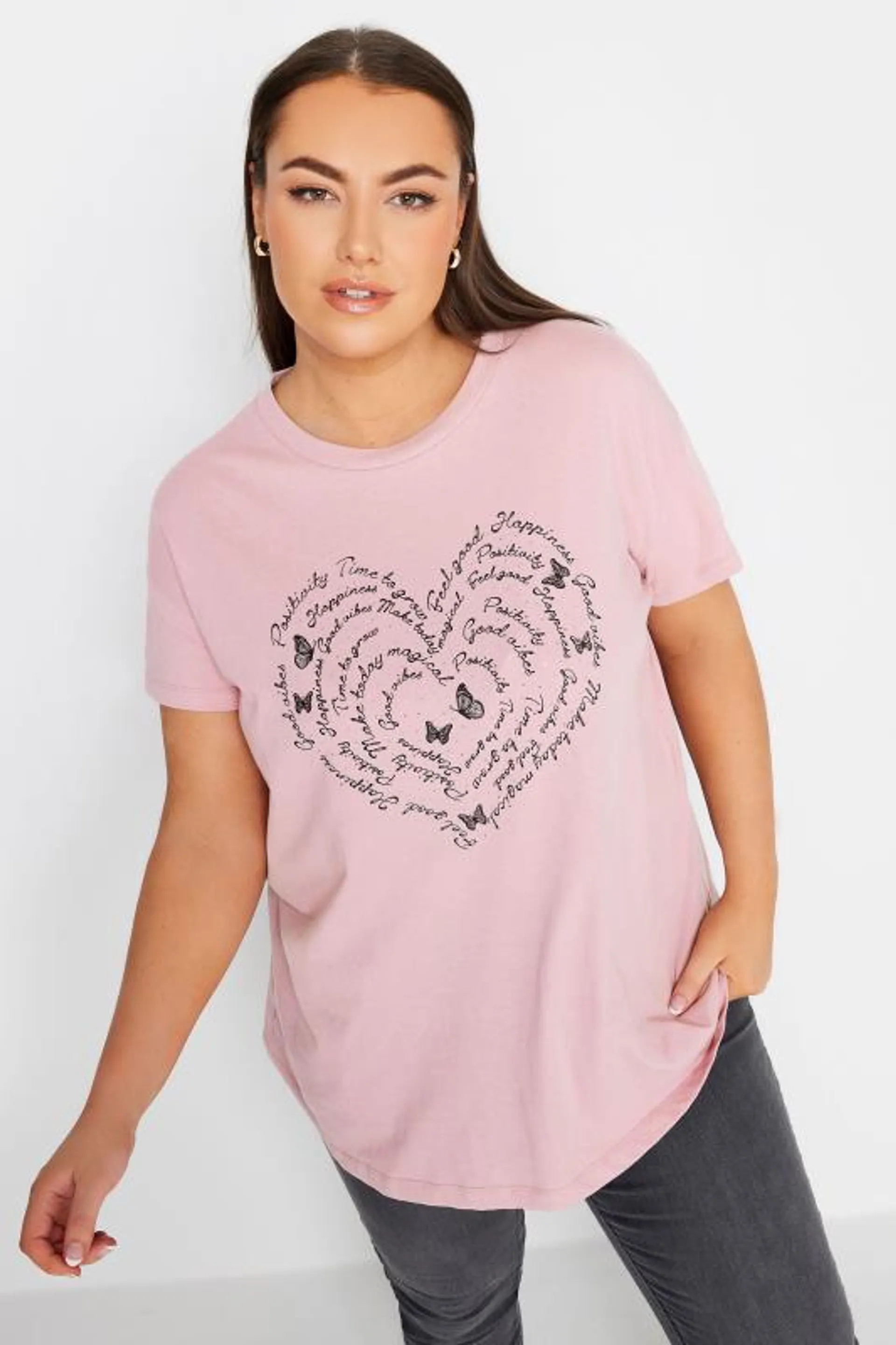 YOURS Curve Pink Positivity Heart Print T-Shirt