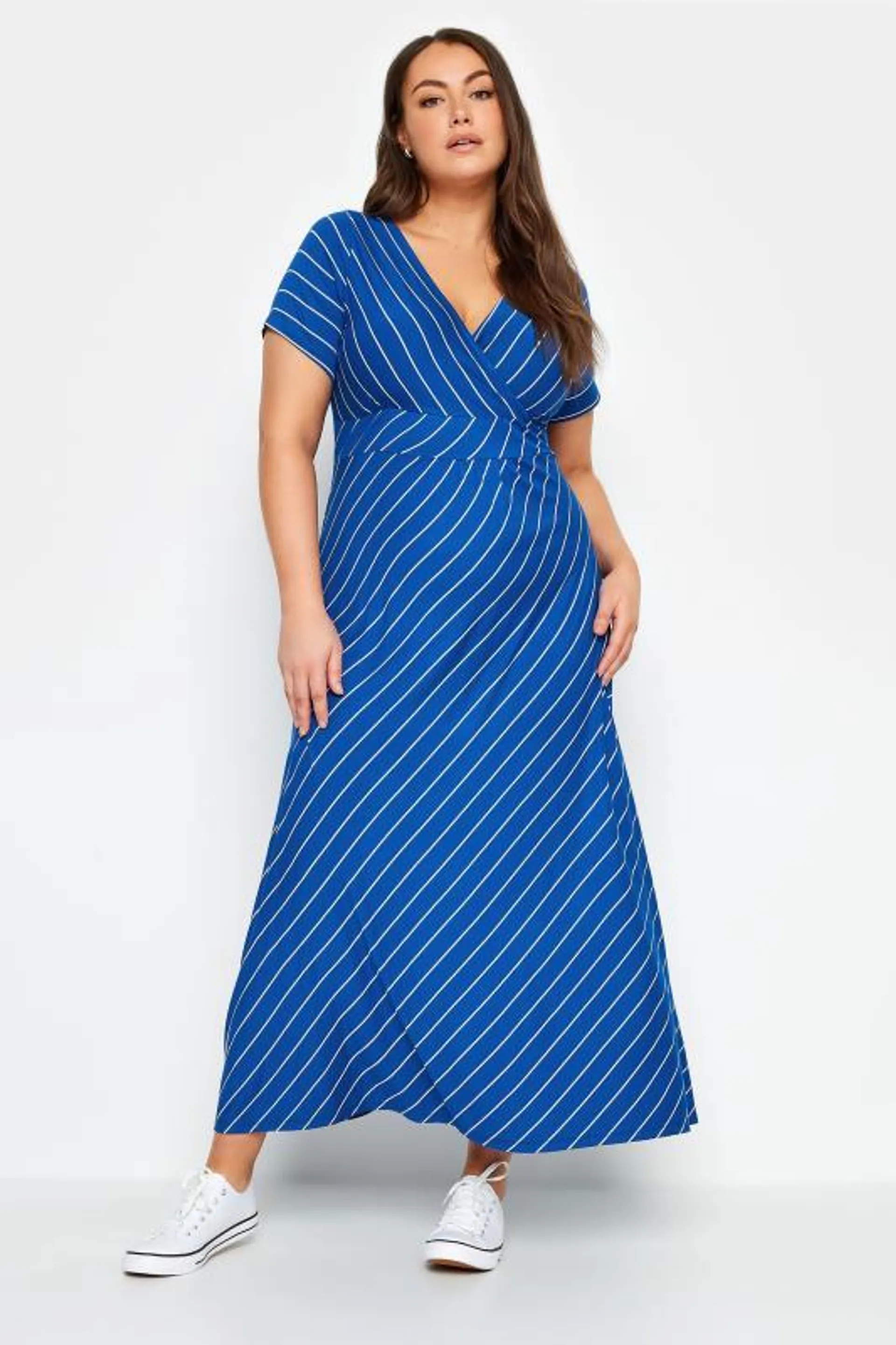 YOURS Curve Blue Striped Wrap Maxi Dress