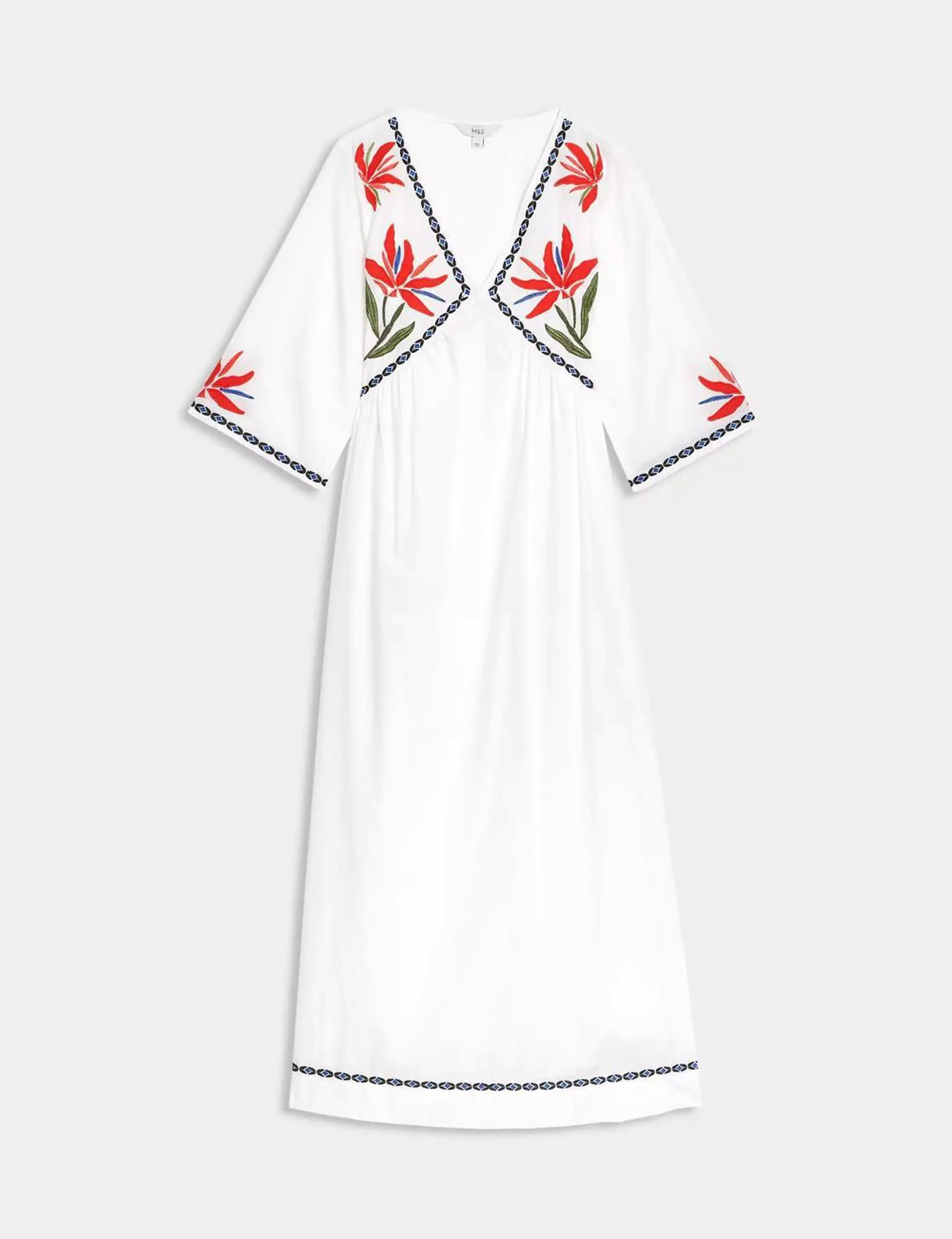 Pure Cotton Embroidered V-Neck Beach Dress