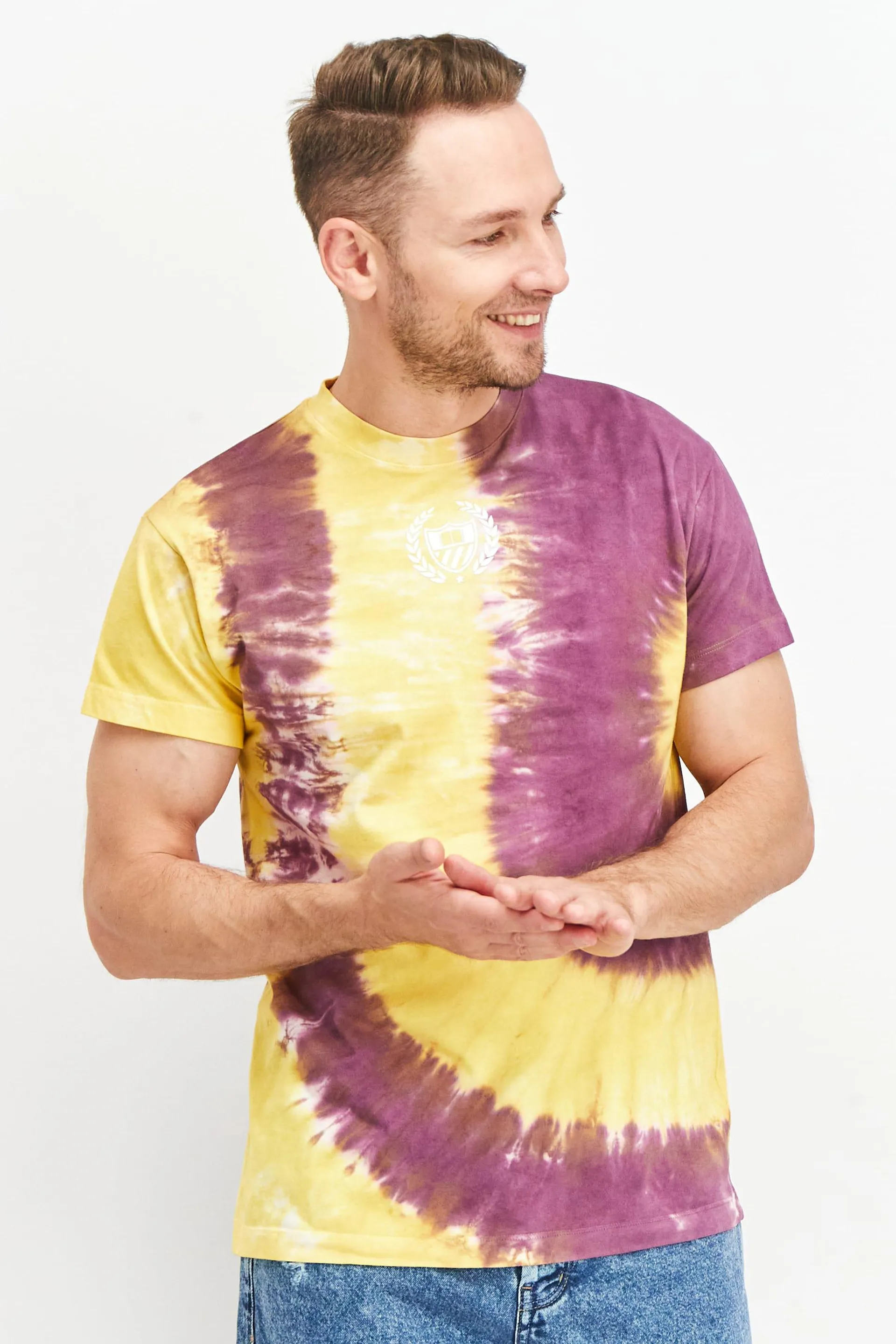 Men Crew Neck Short Sleeves Tie Dye Training Tee, Yellow/Purple
