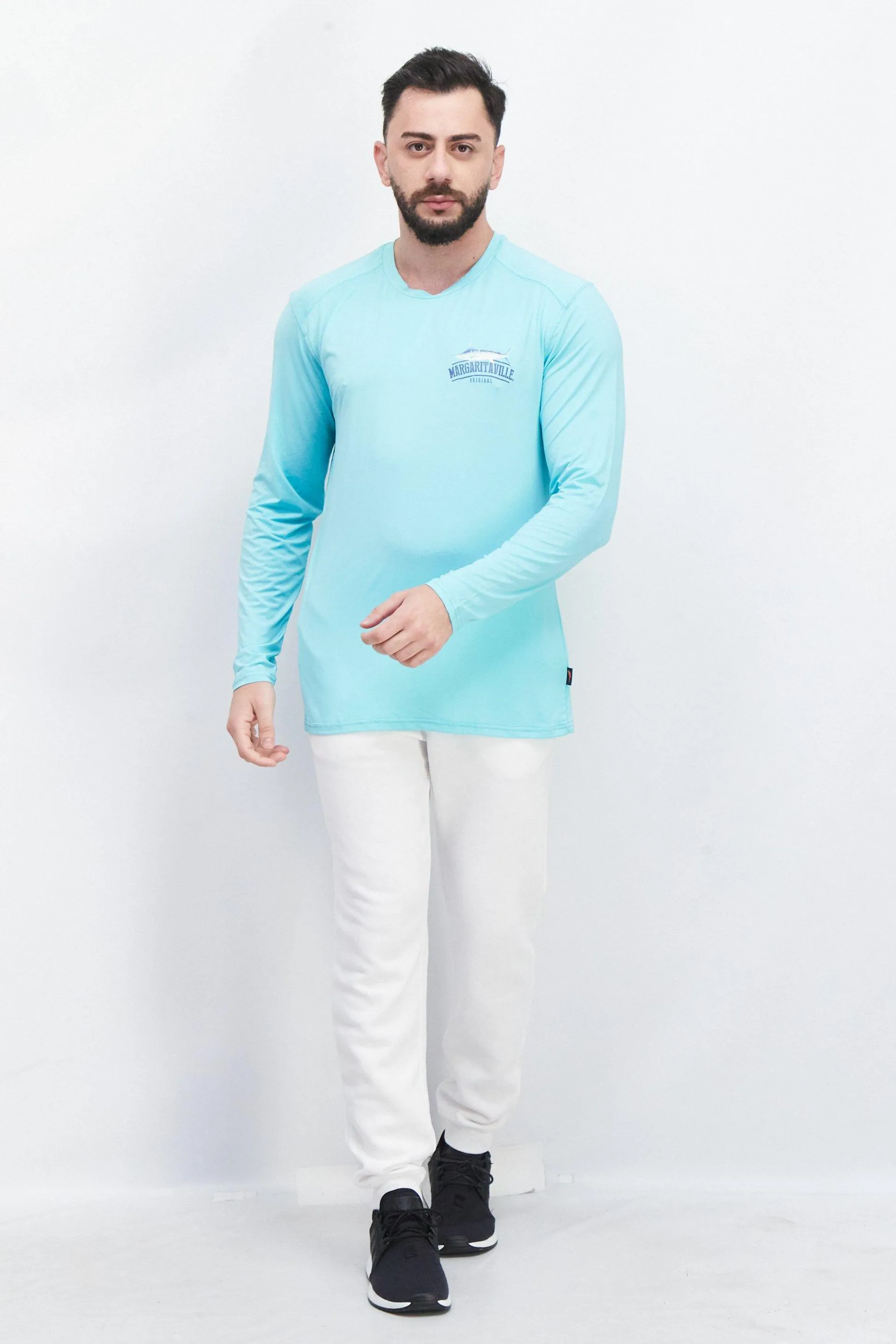 Men Crew Neck Long Sleeve Printed T-Shirt, Turquoise