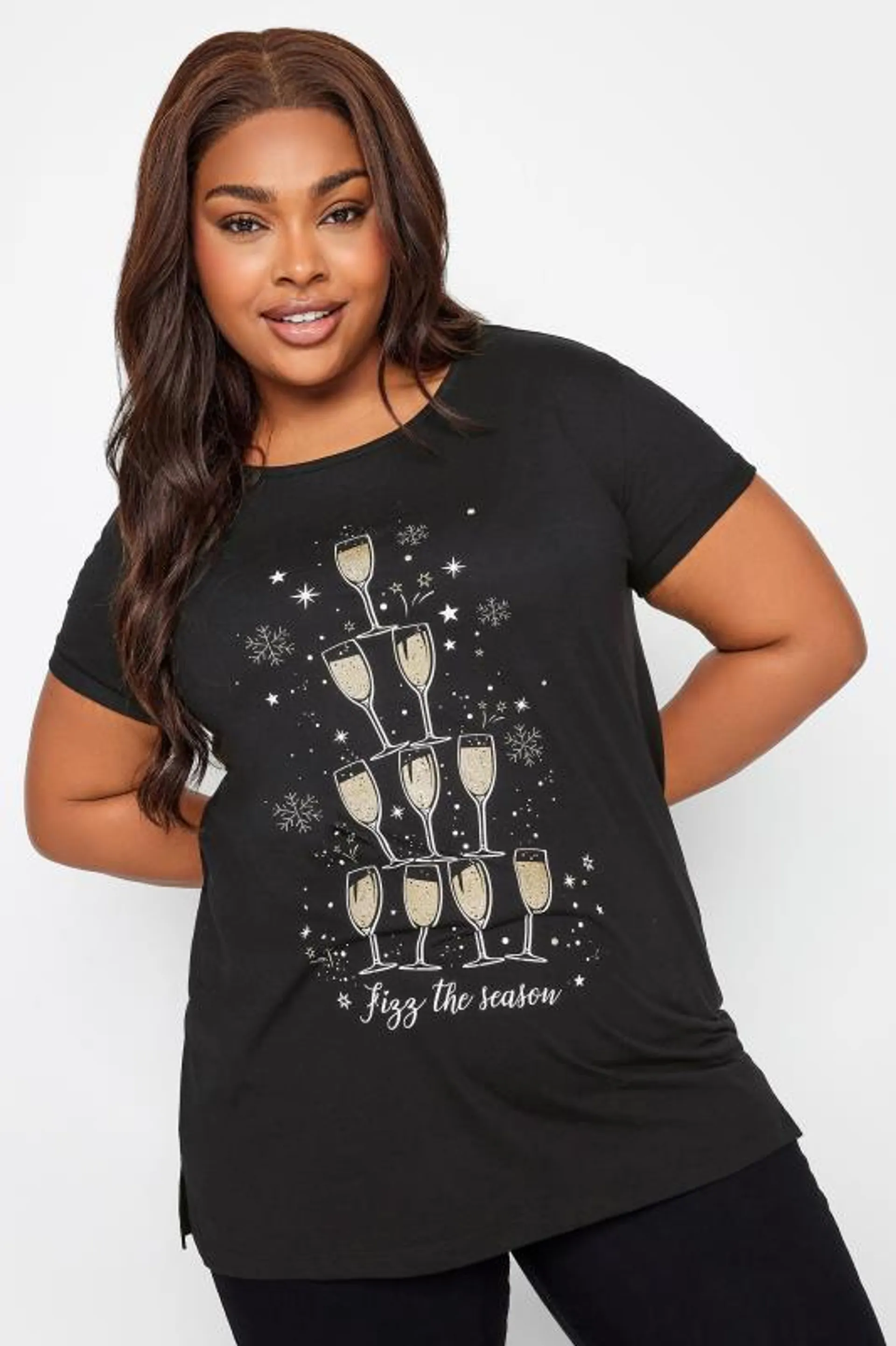 YOURS Curve Black 'Fizz The Season' Slogan T-Shirt