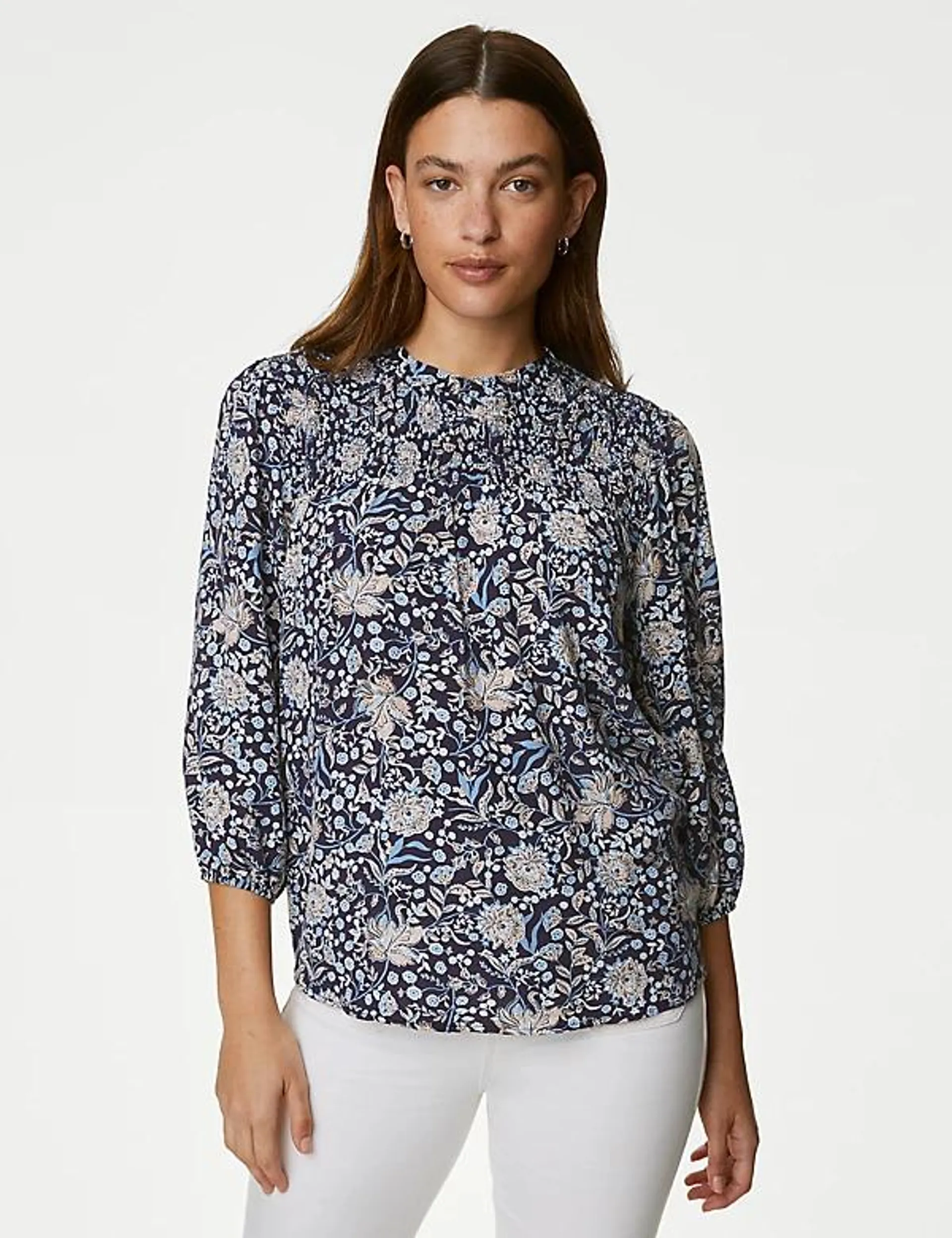 Floral High Neck Smocked Blouse
