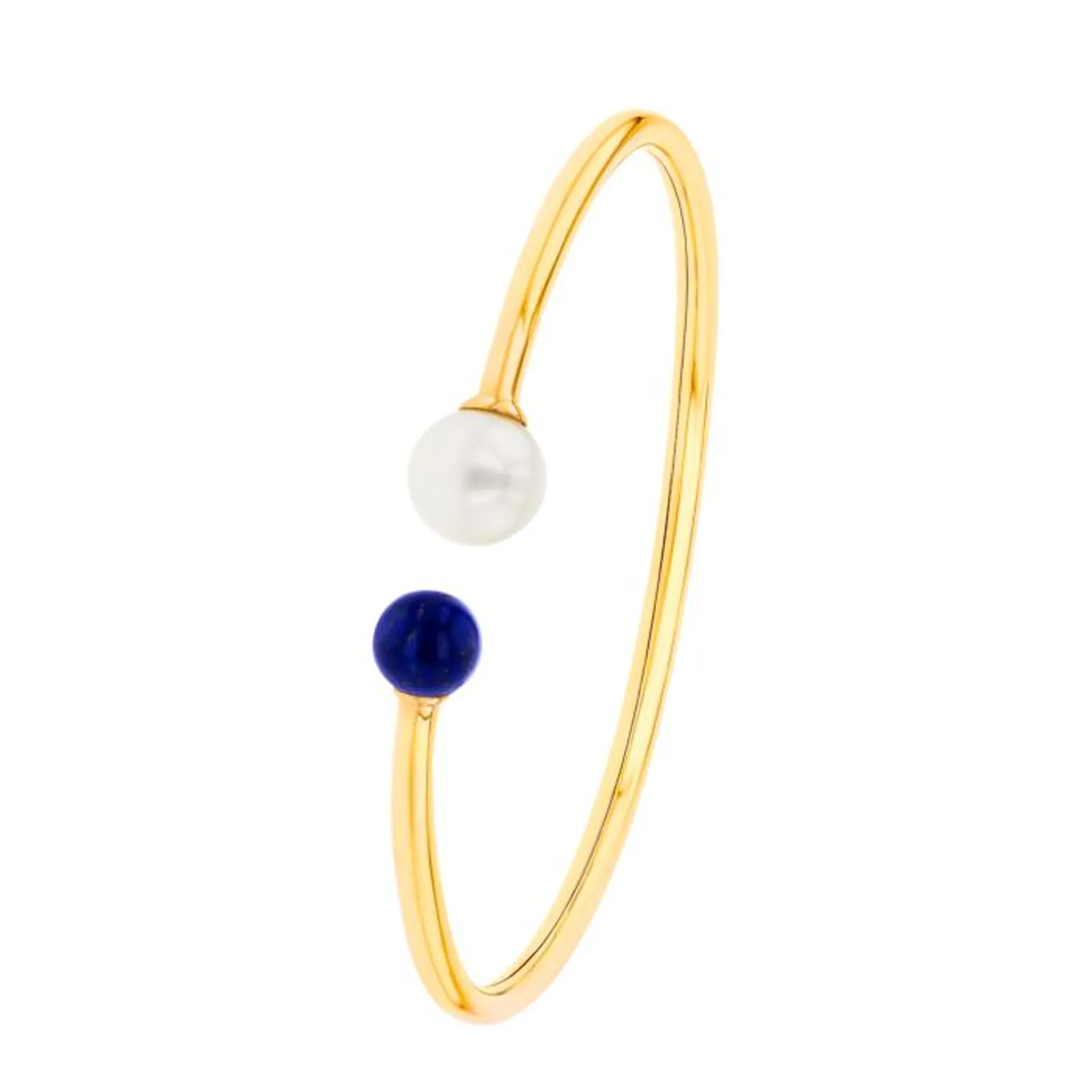 Kiku Glow Bangle in 18K Yellow Gold With a Freshwater Pearl and a Lapiz Lazuli Stone