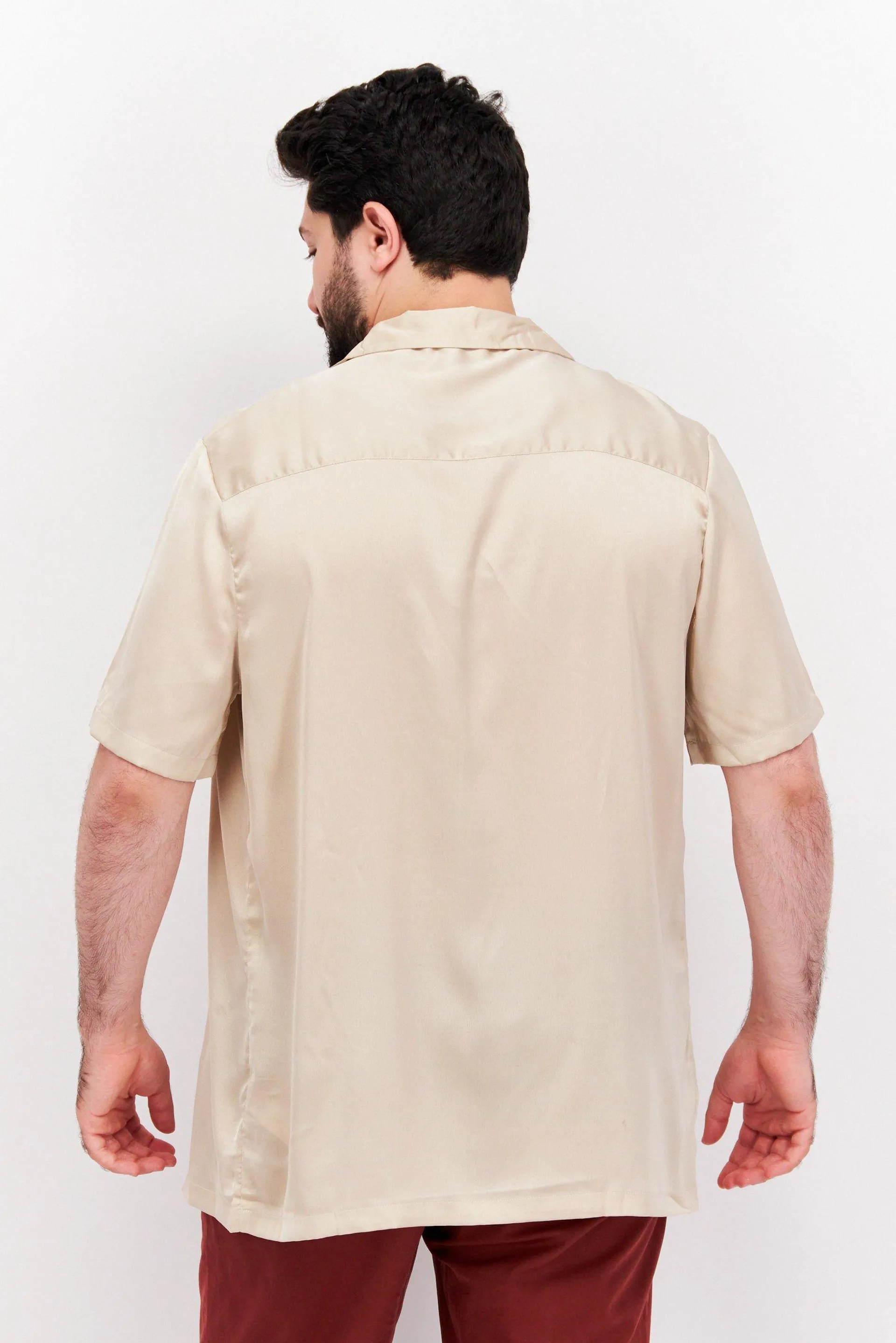 Men Tall Fit Solid Short Sleeves Casual Shirt, Cream