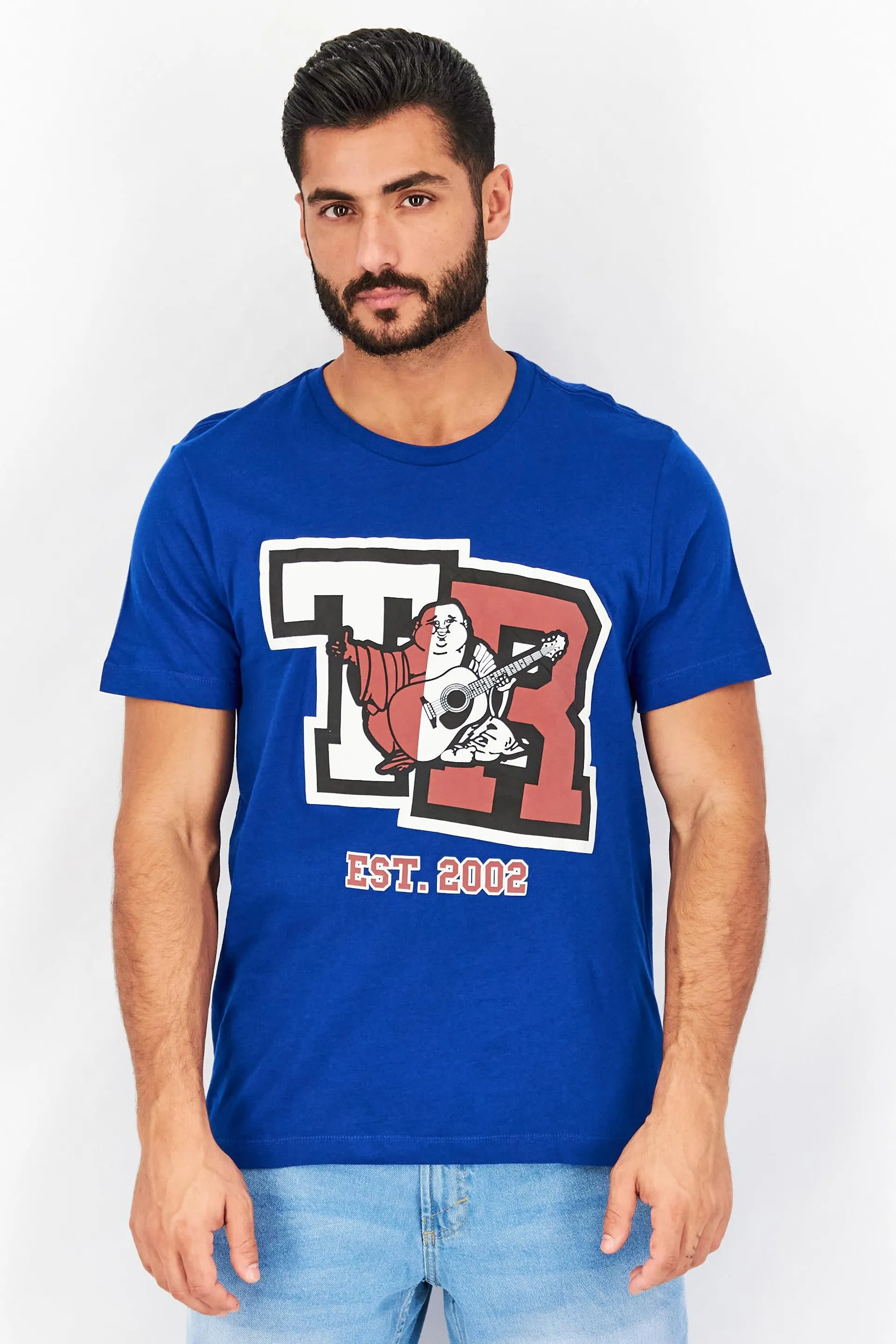 Men Crew Neck Short Sleeve Graphic Print T-Shirt, Blue