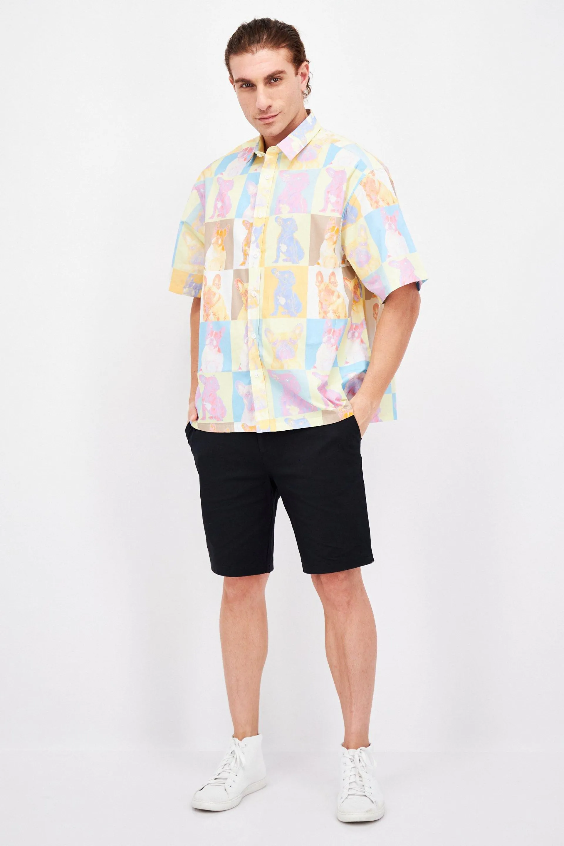 Men Regular Fit Short Sleeves Allover Printed Casual Shirt, Yellow Combo