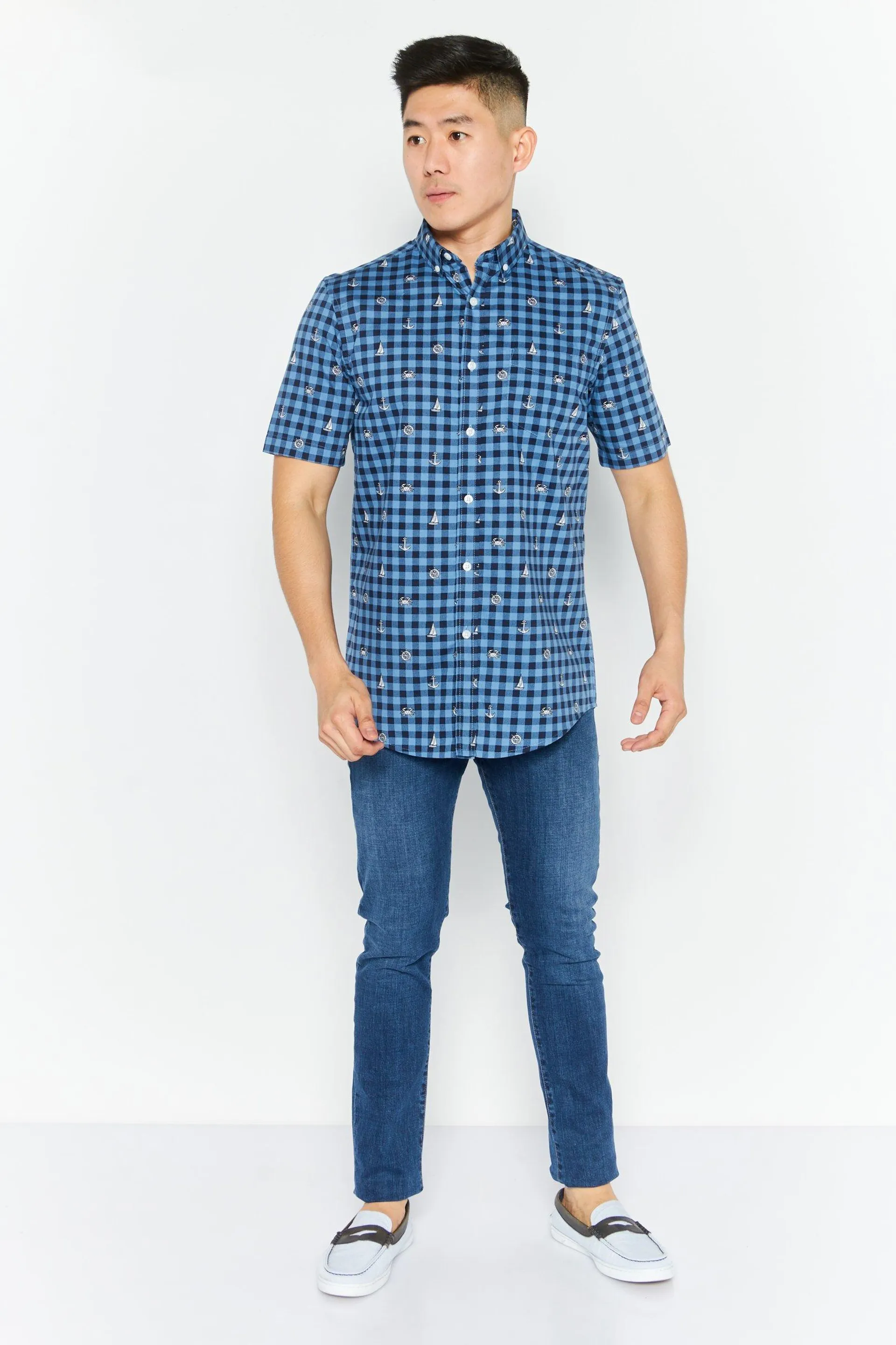 Men Regular Fit Checkered Short Sleeve Casual Shirts, Navy Combo