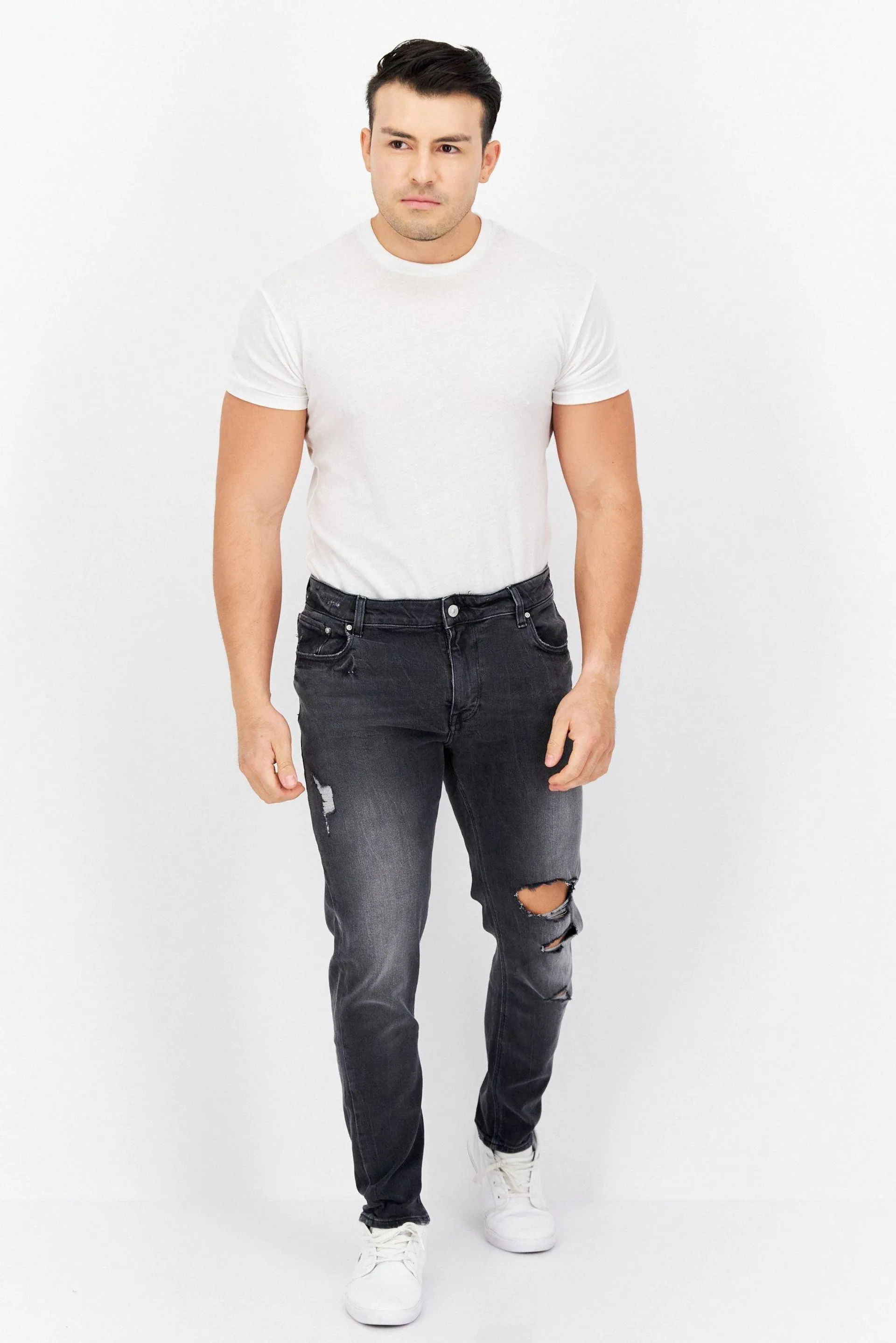 Men Skinny Fit Washed Stretchable Jeans, Charcoal