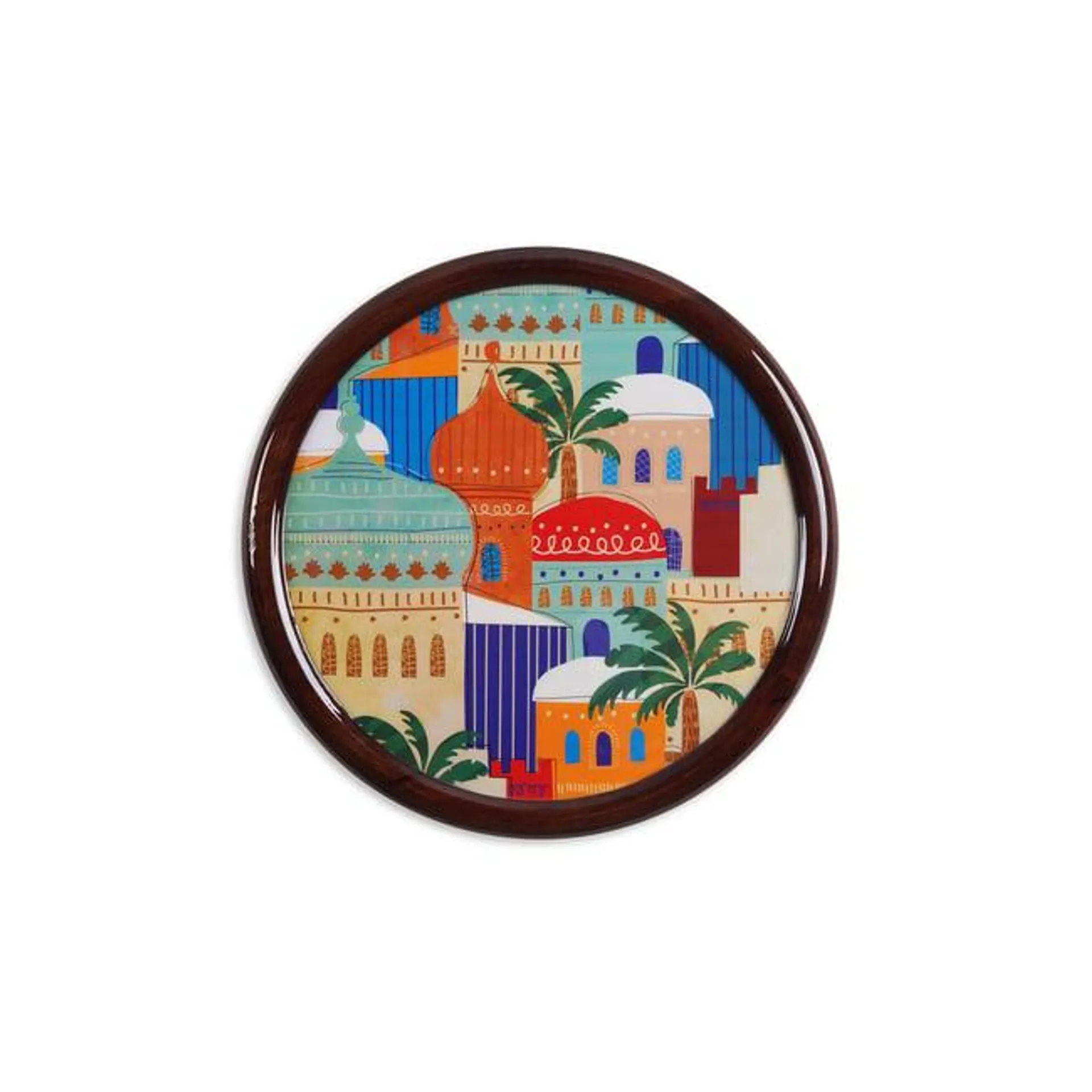 vibrant city wood wall plate dia38cm- multicolor