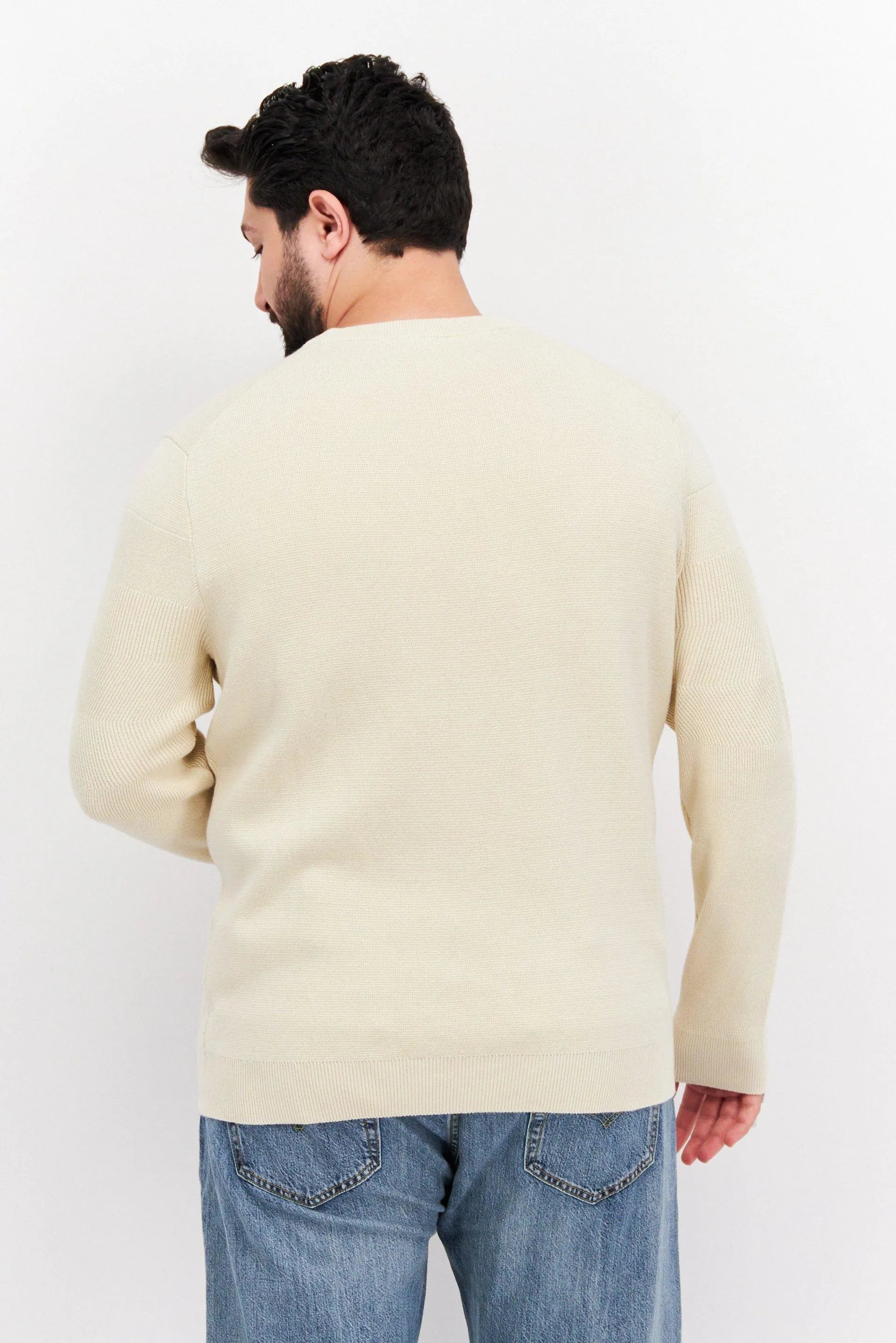 Men Round Neck Long Sleeves Textured Sweatshirt, Beige