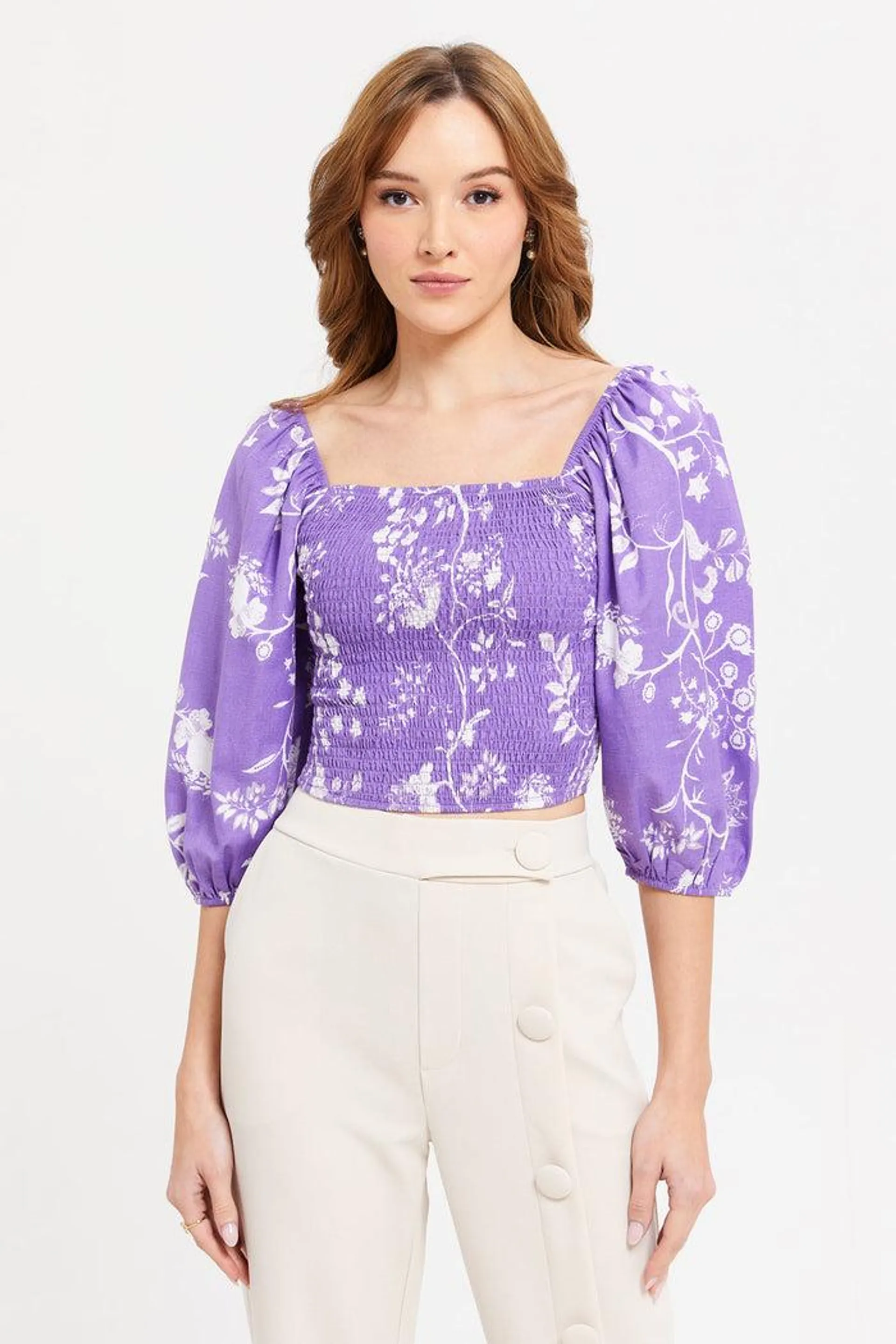 Women Lilac Printed Shirring Top