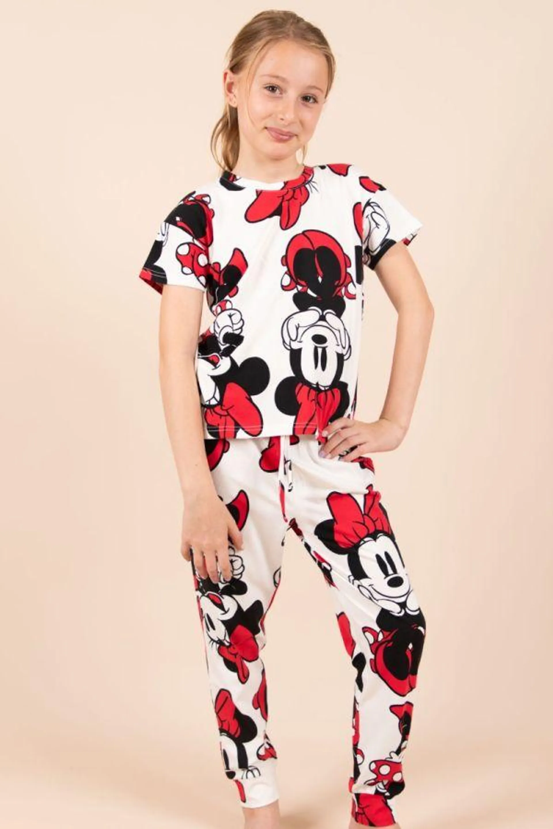 Girls White Red Minnie Printed PJ