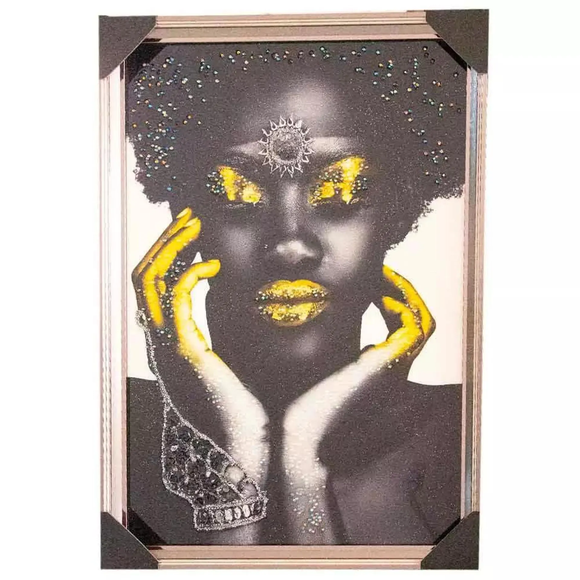 Black and Gold Lady With Contrast and Large Crystal On Head Potrait Framed Canvas Wall Art - 34x64 cm