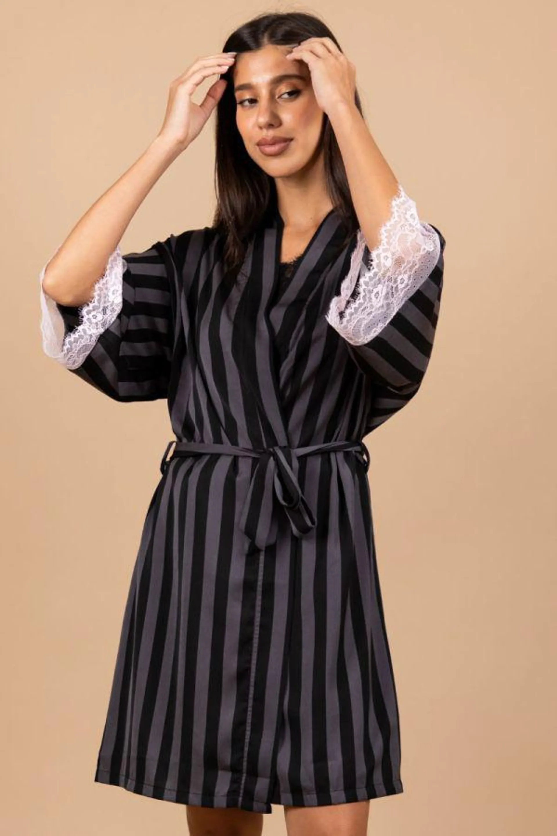 Ladies Black Stripe Pink Lace Robe