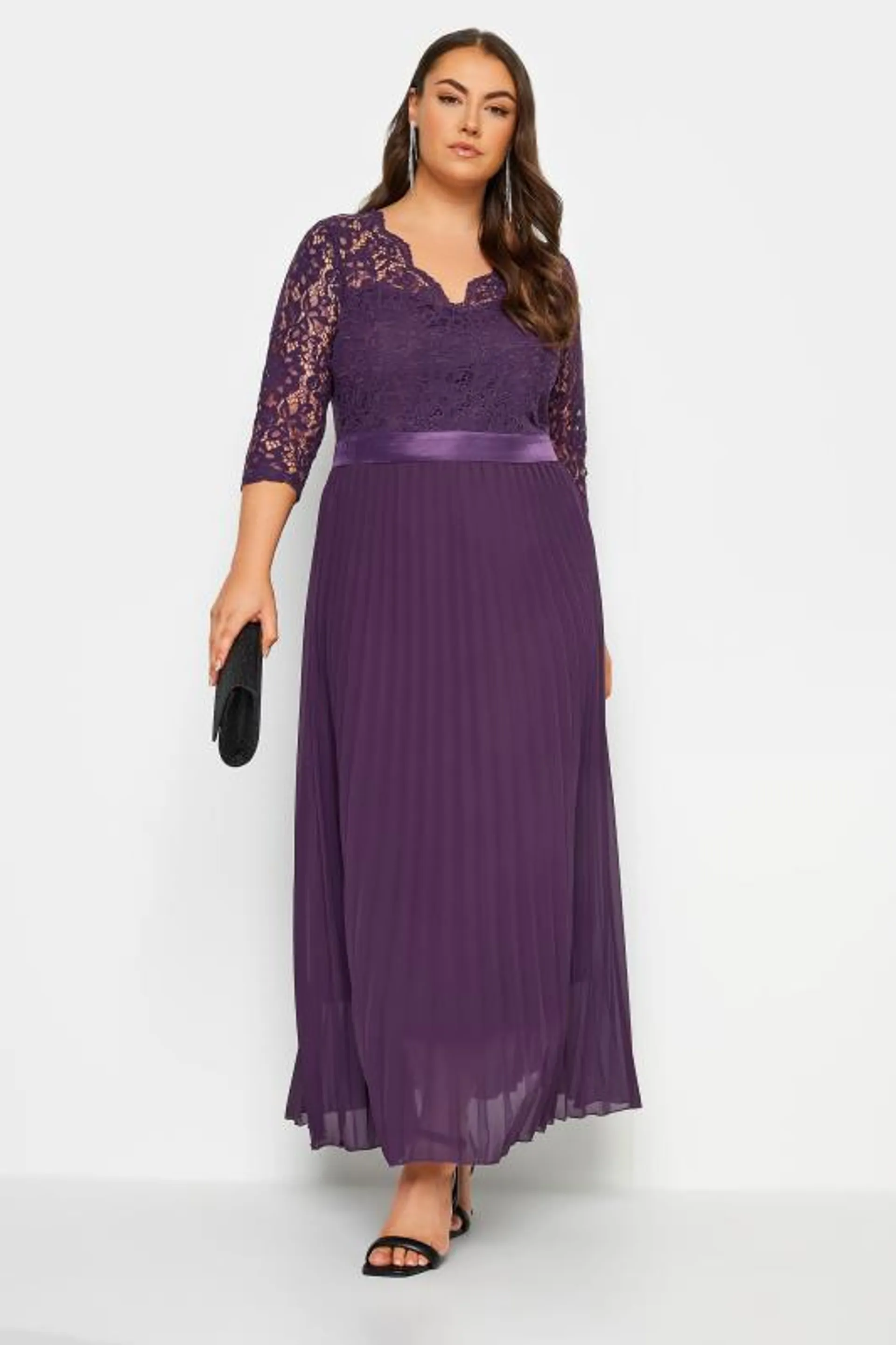 YOURS LONDON Curve Purple Lace Wrap Pleated Maxi Dress