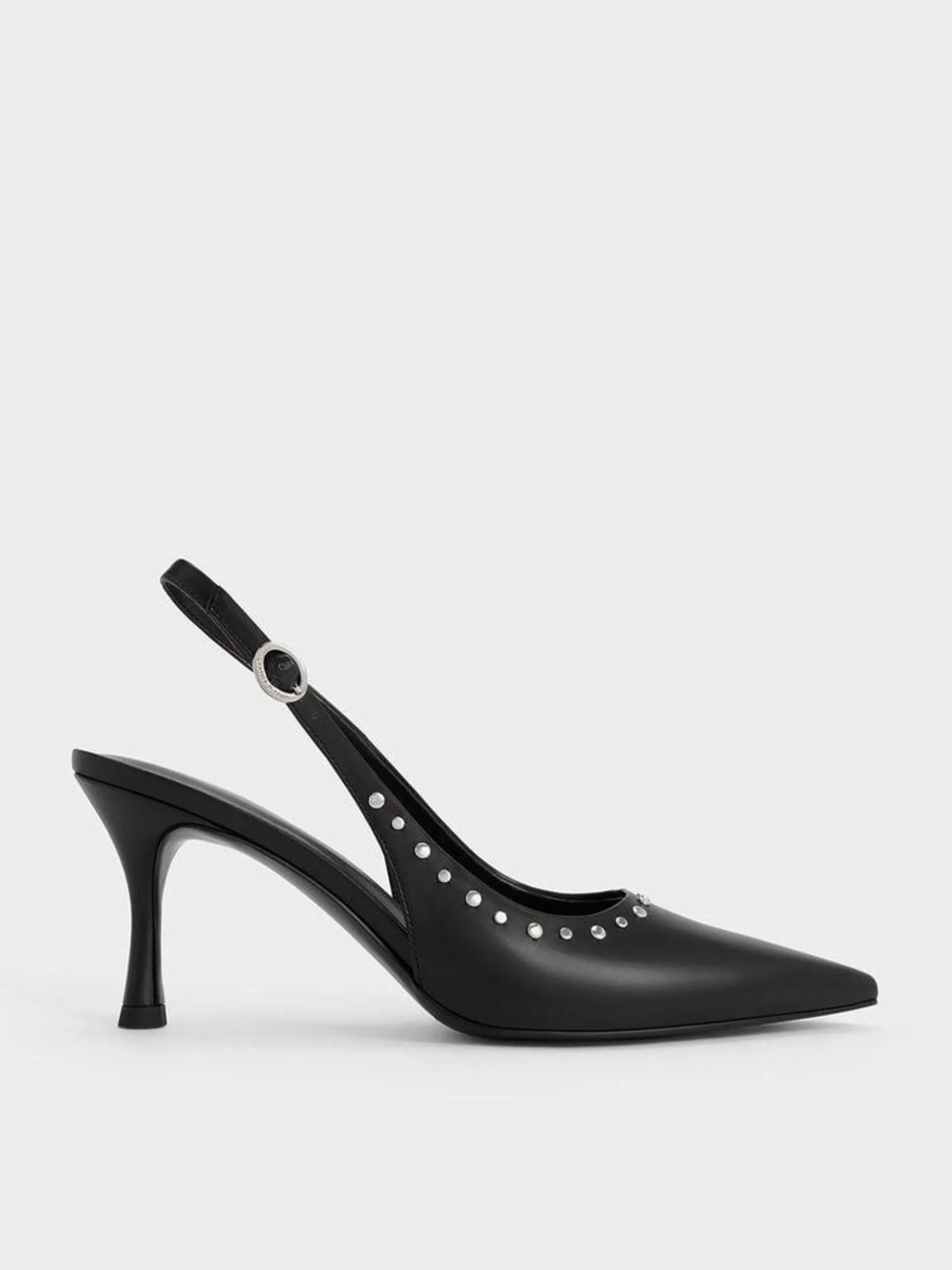 Studded Pointed-Toe Slingback Pumps - Black