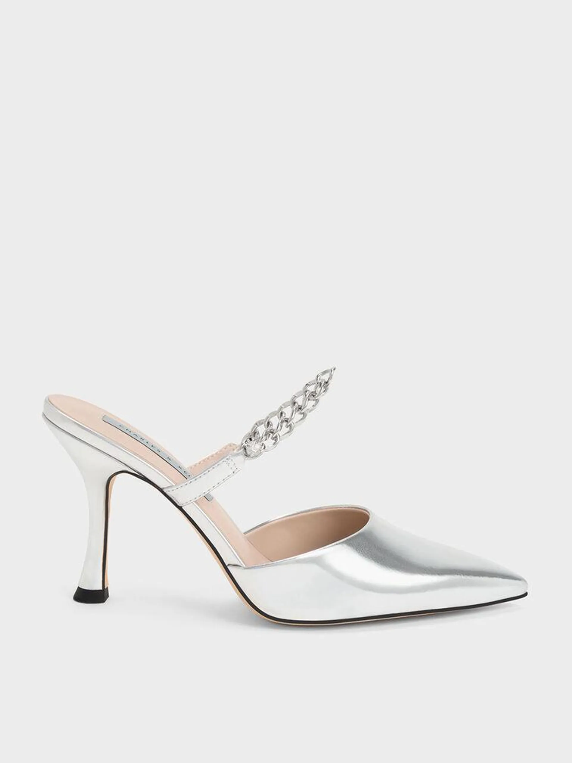 Chain-Link Strap Heeled Mules - Silver