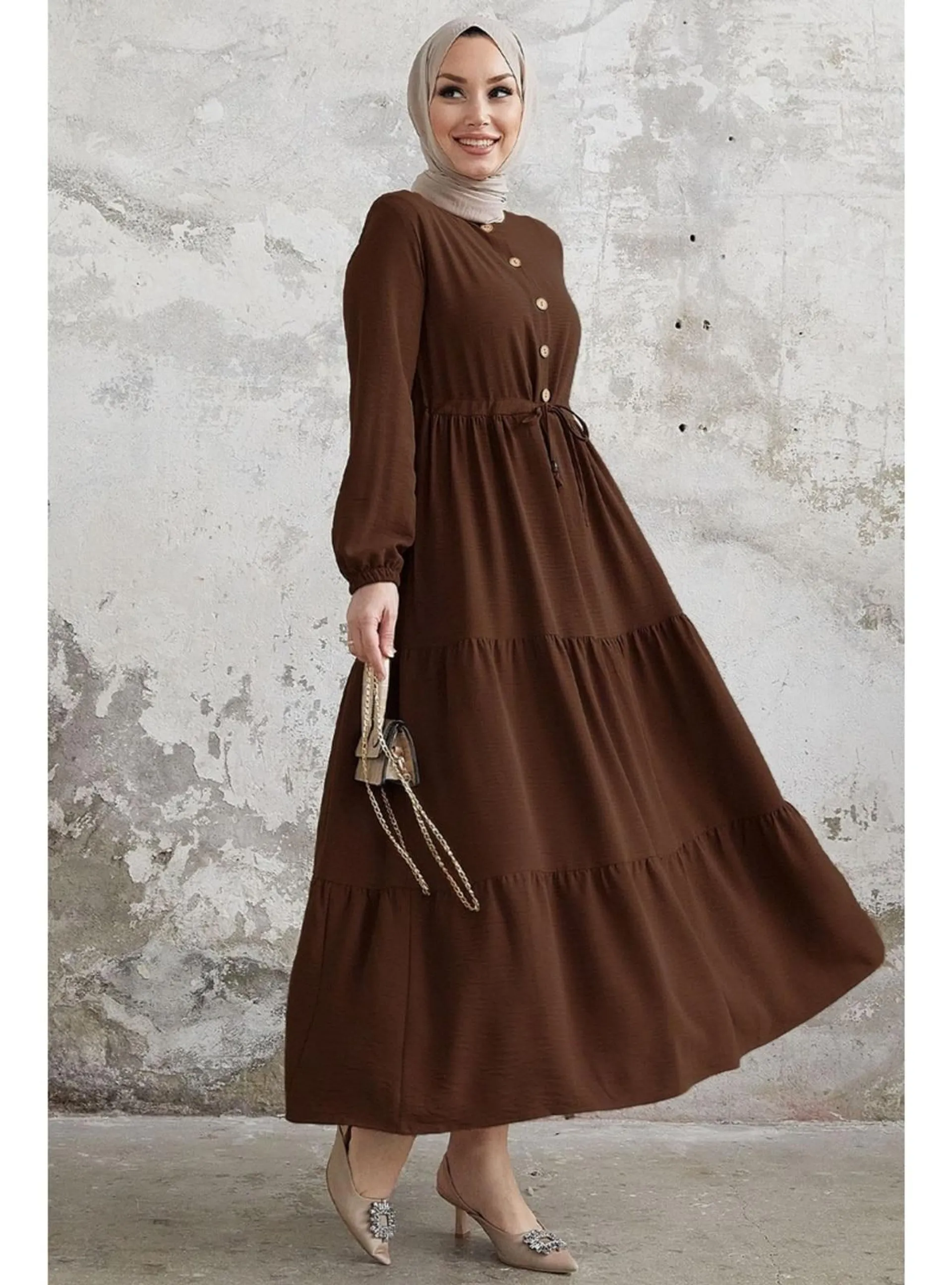 Dark Coffe Brown - Button Collar - Unlined - Modest Dress