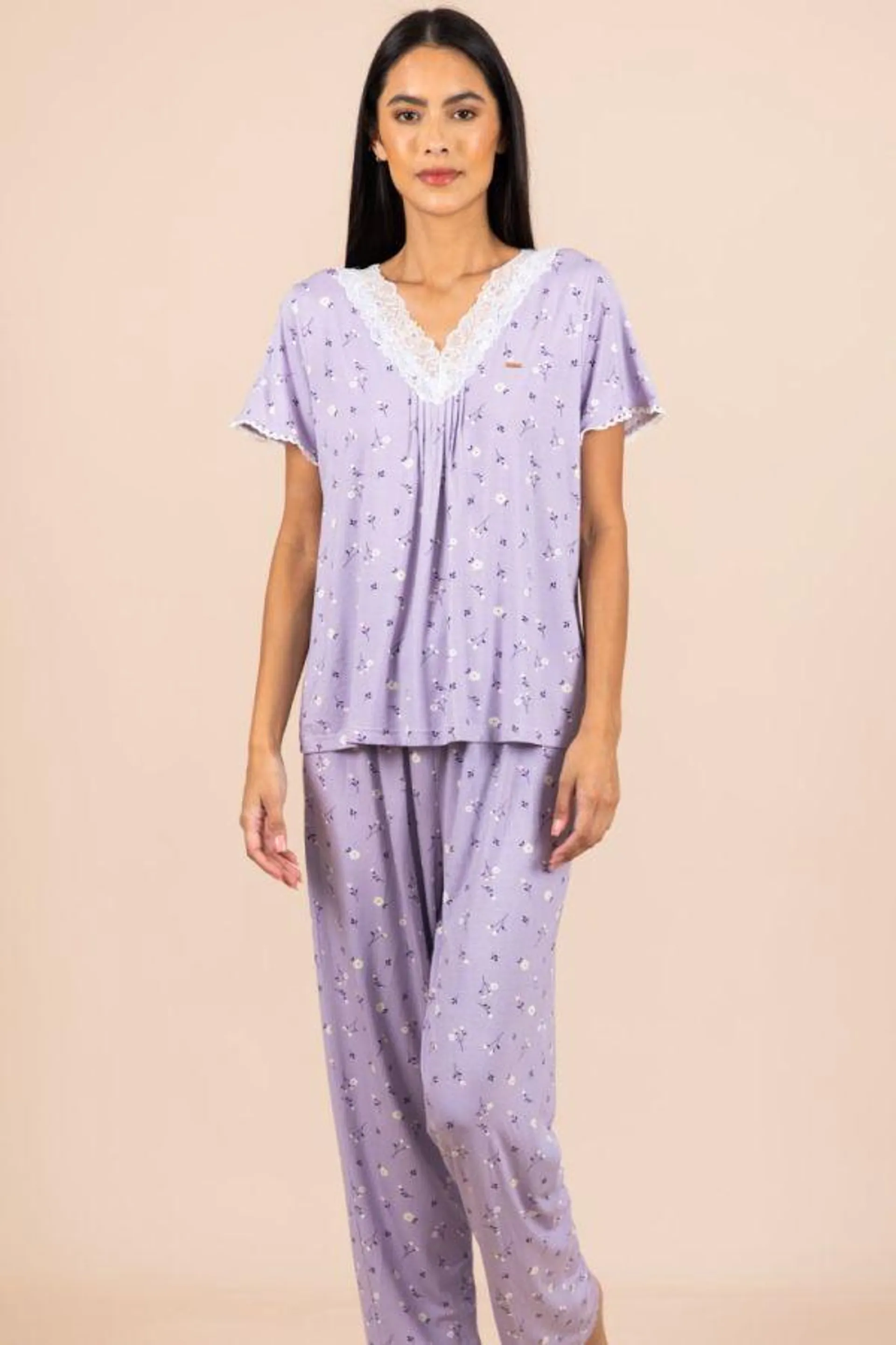 Ladies Lilac Floral Neck PJ