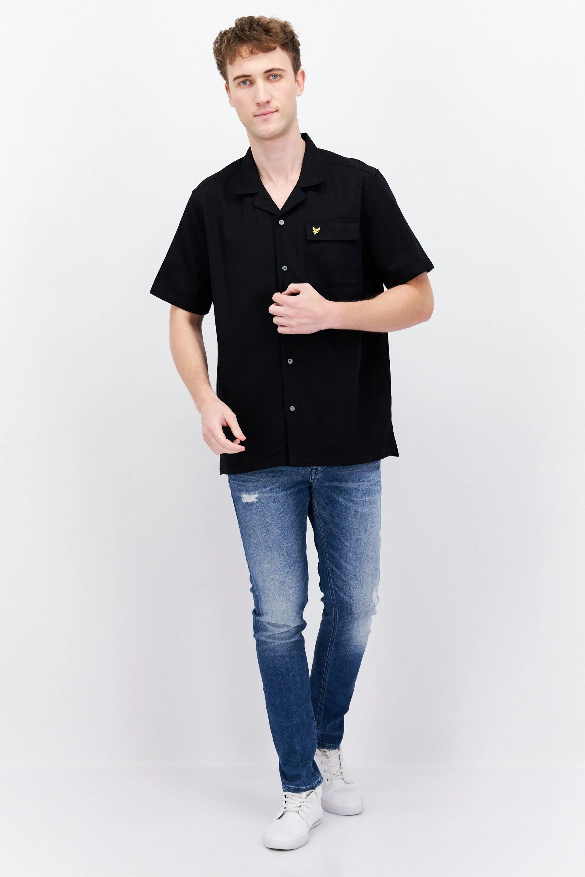 Men Regular Fit Embroidered Logo Short Sleeve Casual Shirt, Black