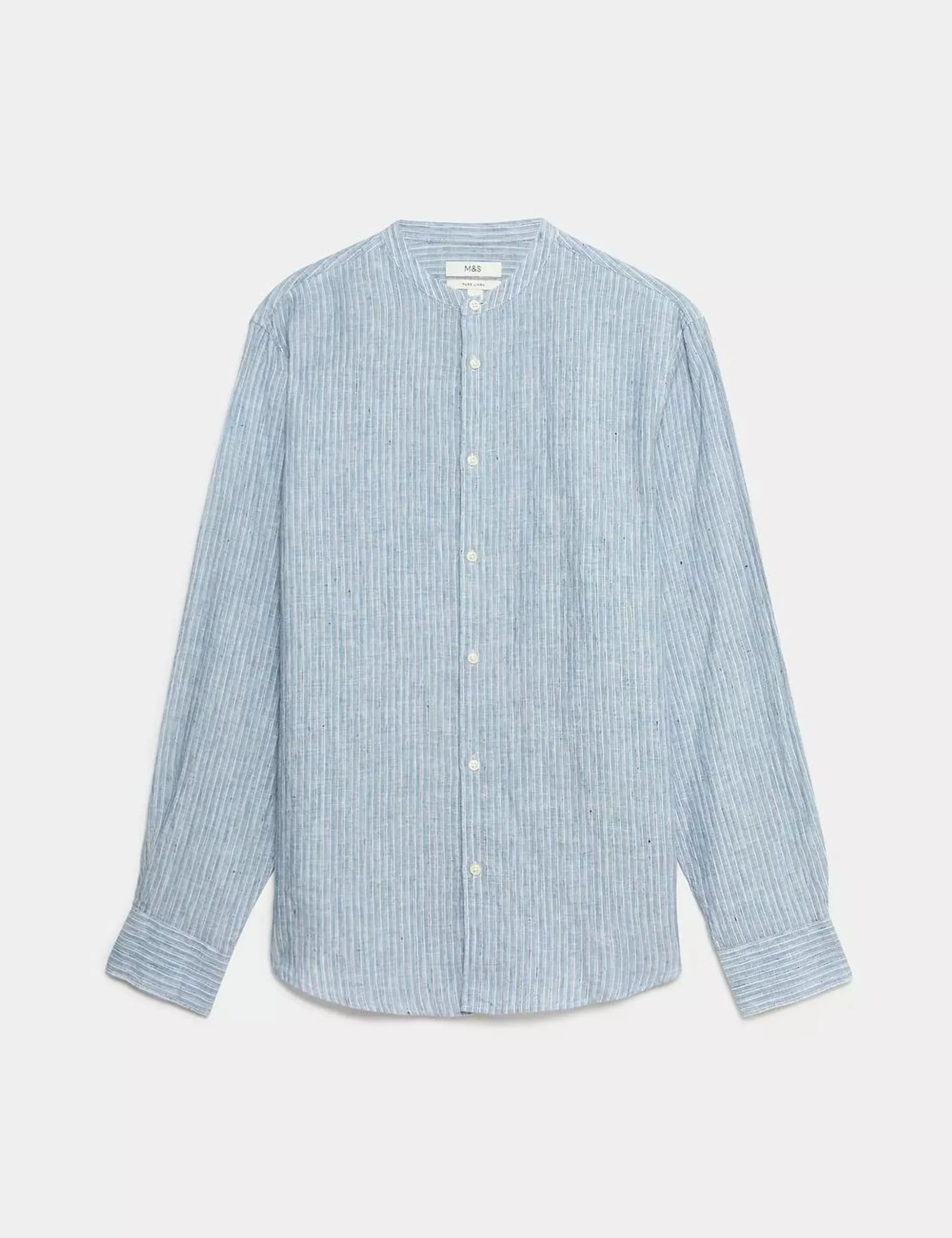 Pure Linen Striped Grandad Collar Shirt