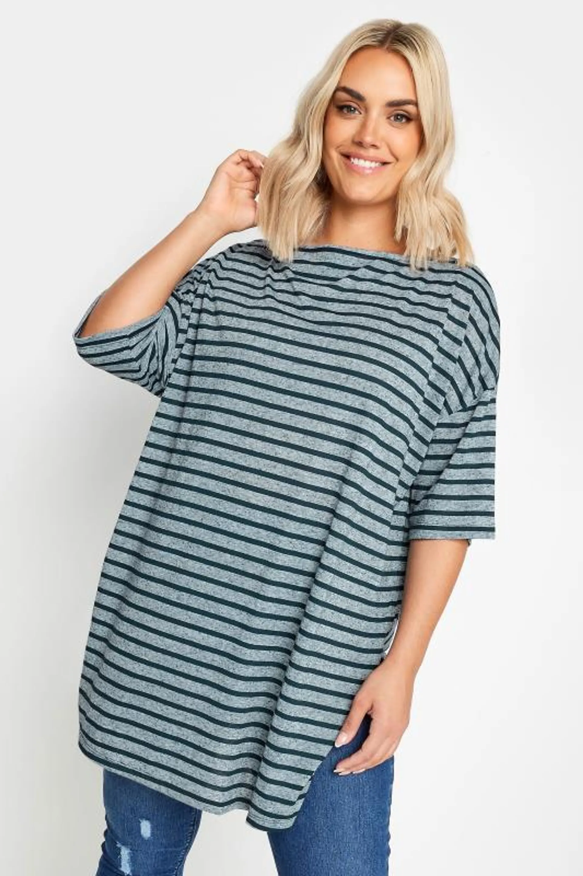 YOURS Curve Blue Stripe Oversized Linen T-Shirt