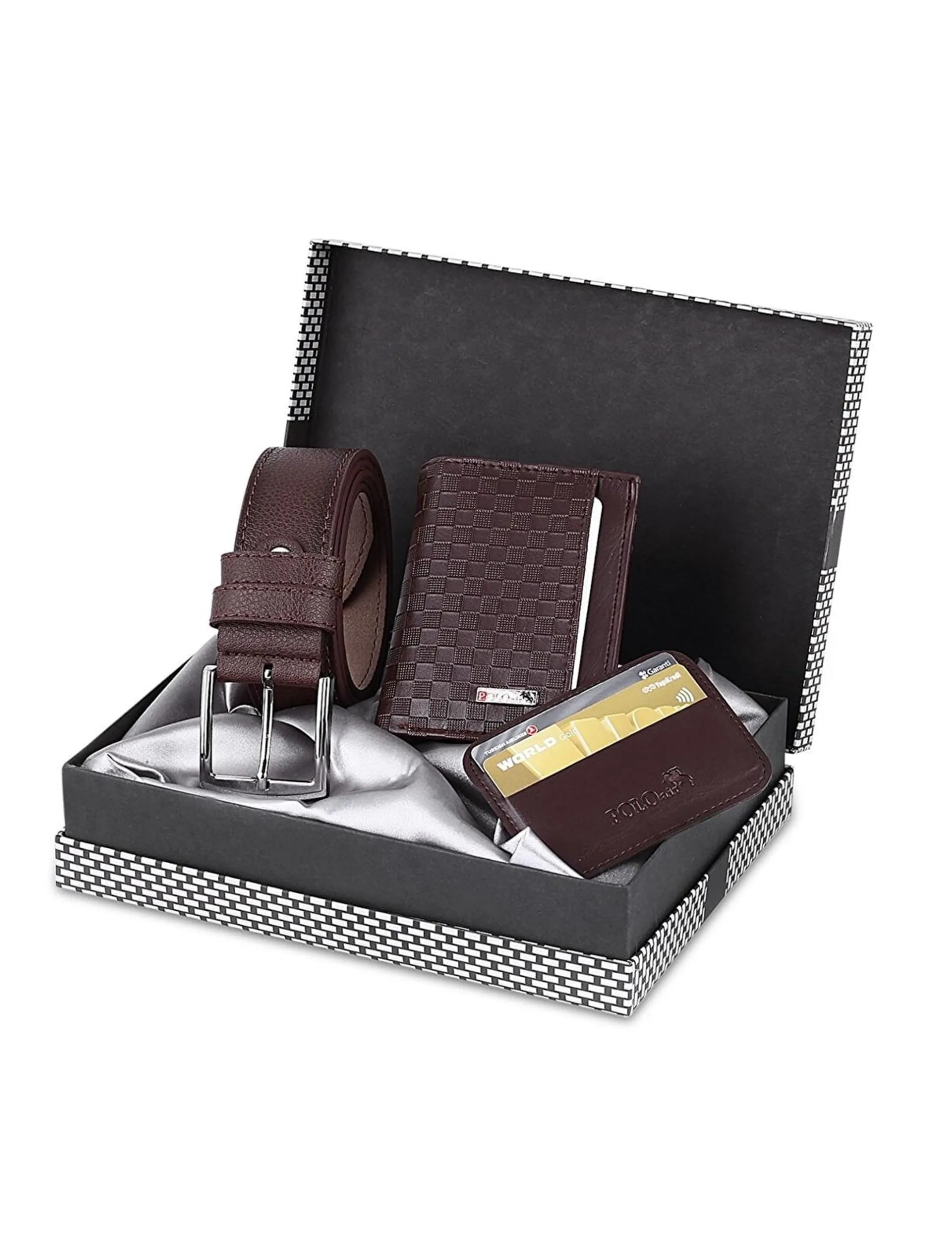 Men's Checker Pattern Wallet Belt Card Holder Set Brown