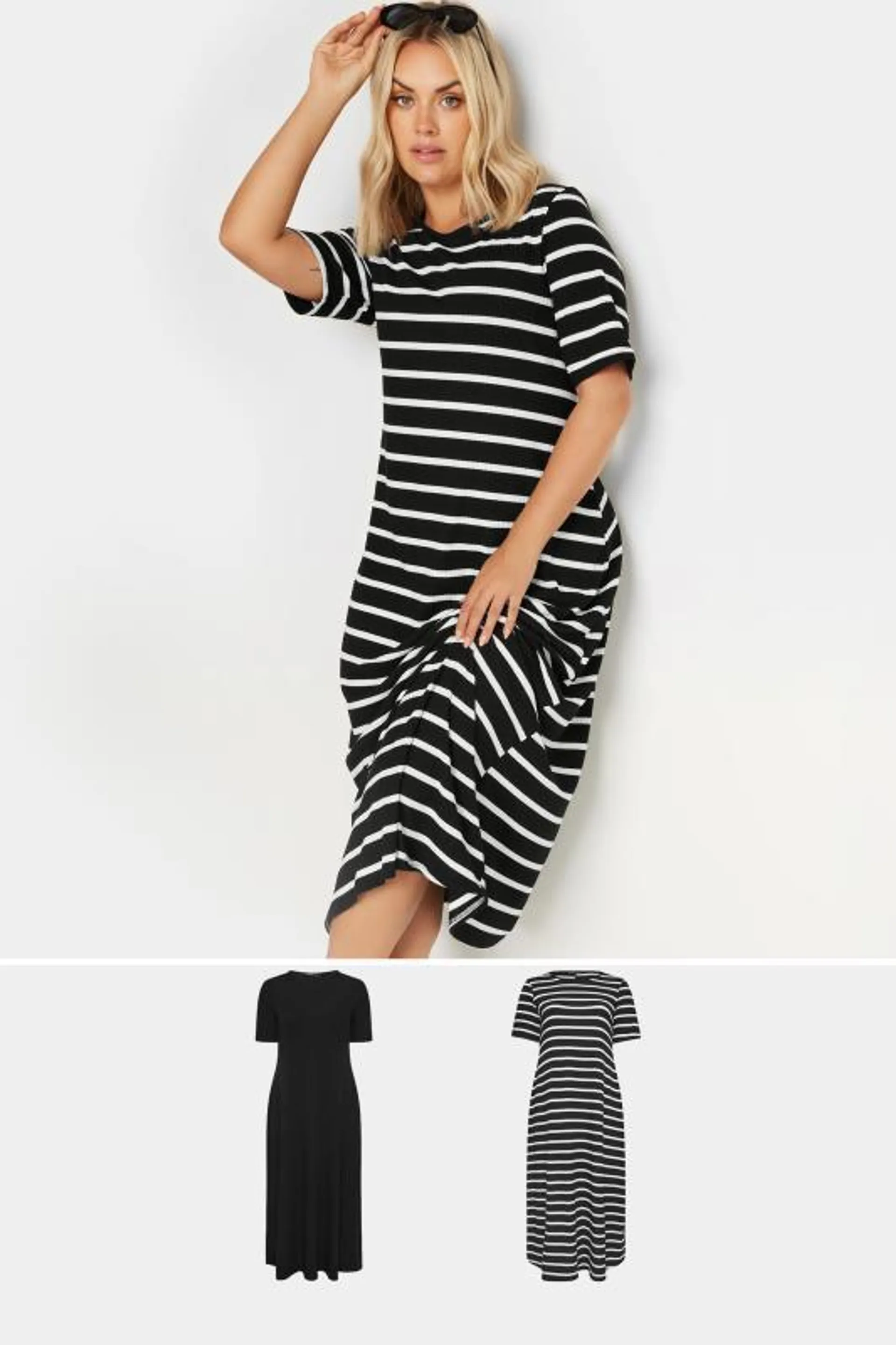 YOURS 2 PACK Curve Black & White Stripe Maxi Dress