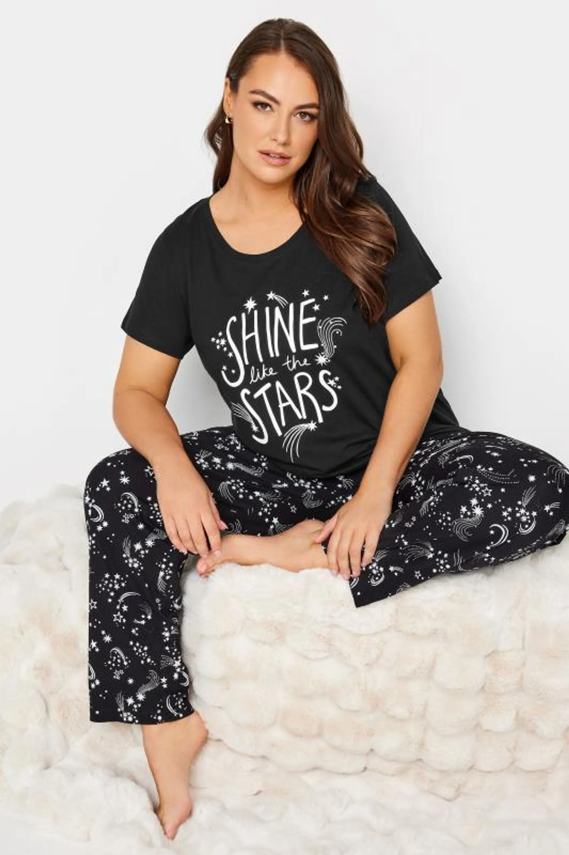 YOURS Curve Black 'Shine Like the Stars' Slogan Pyjama Set