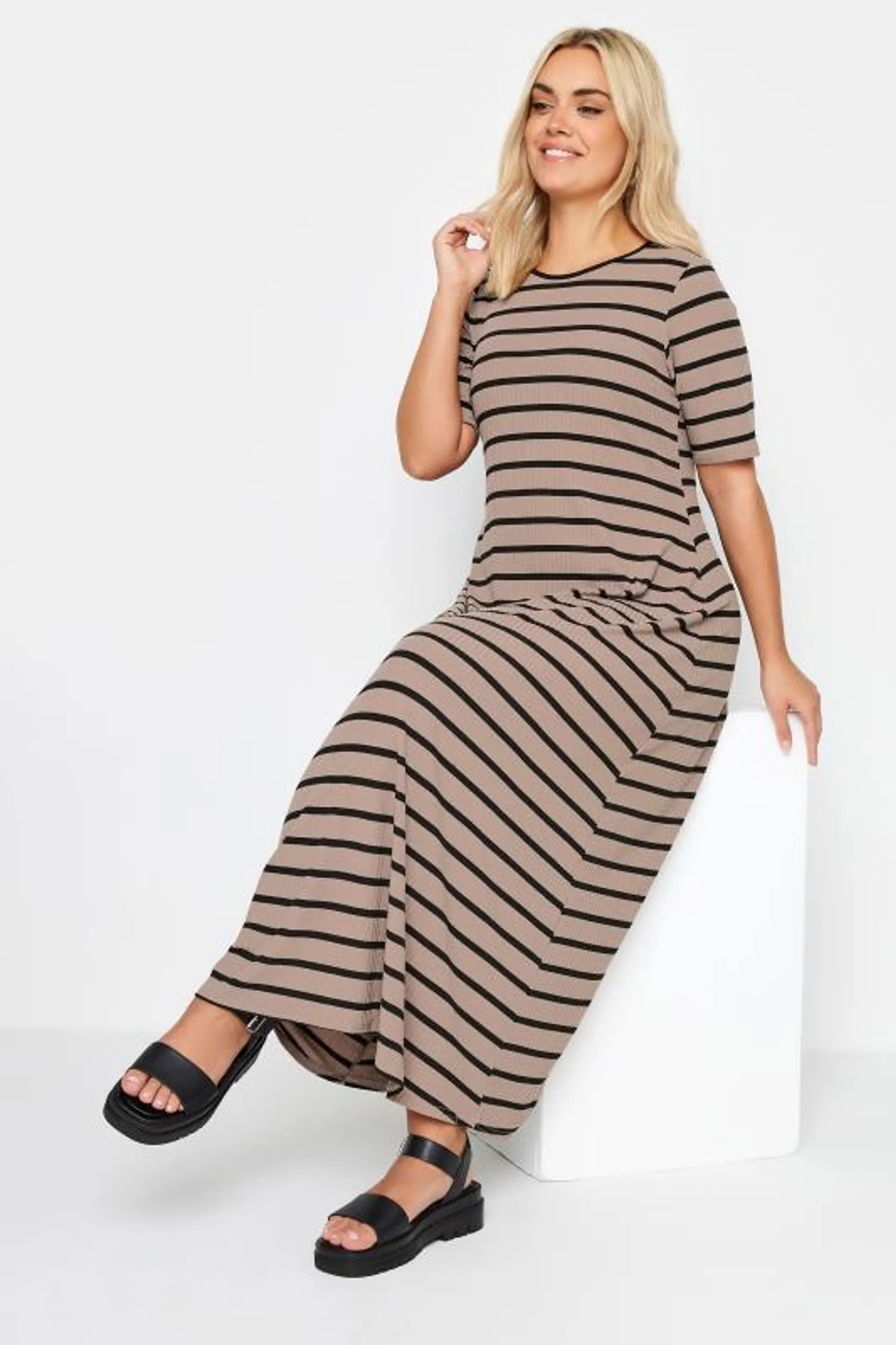 YOURS Curve Mocha Brown Striped Swing Maxi Dress