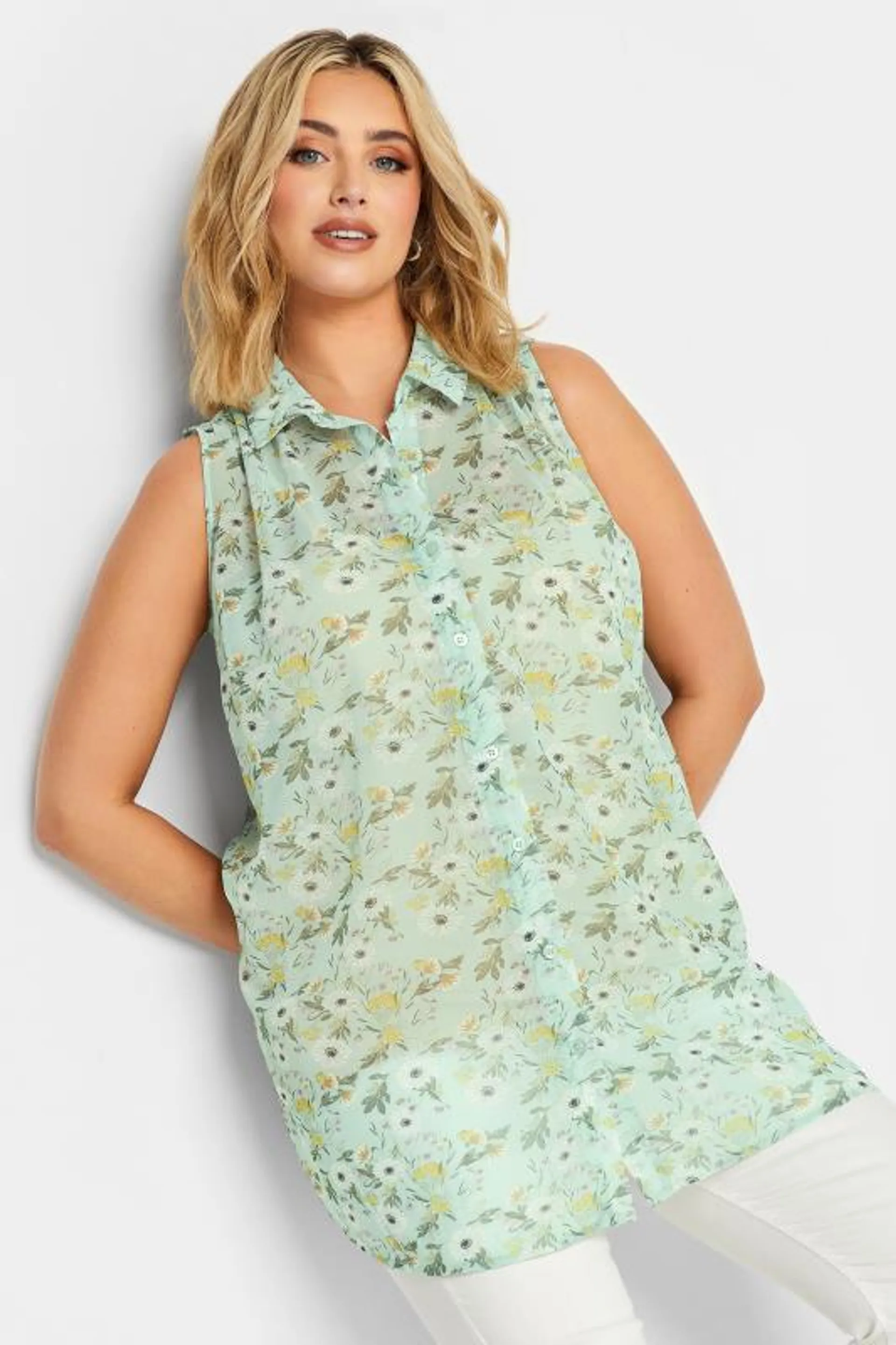 YOURS Curve Mint Green Floral Print Sleeveless Blouse