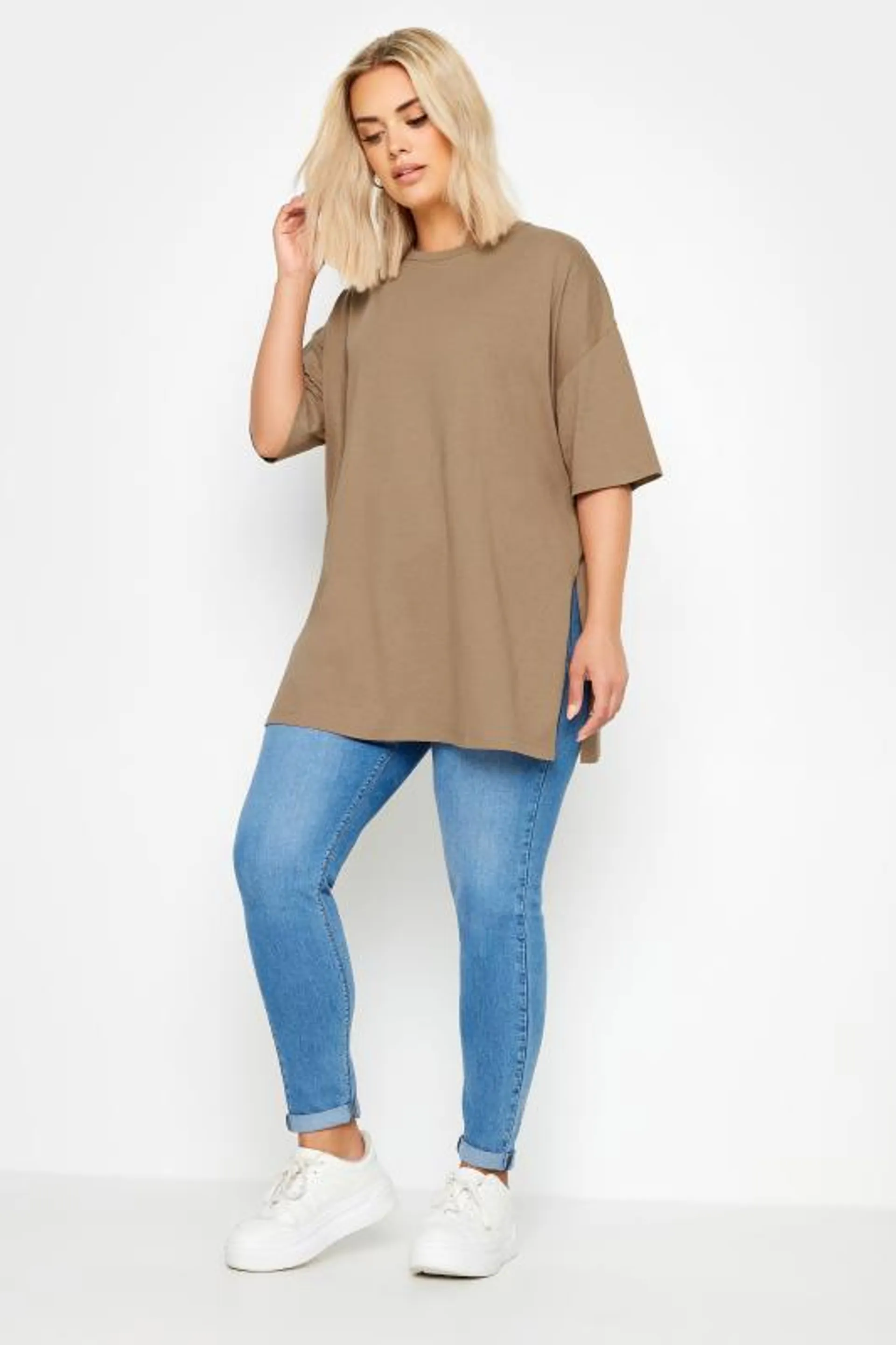 YOURS Curve Brown Side Split Oversized T-Shirt