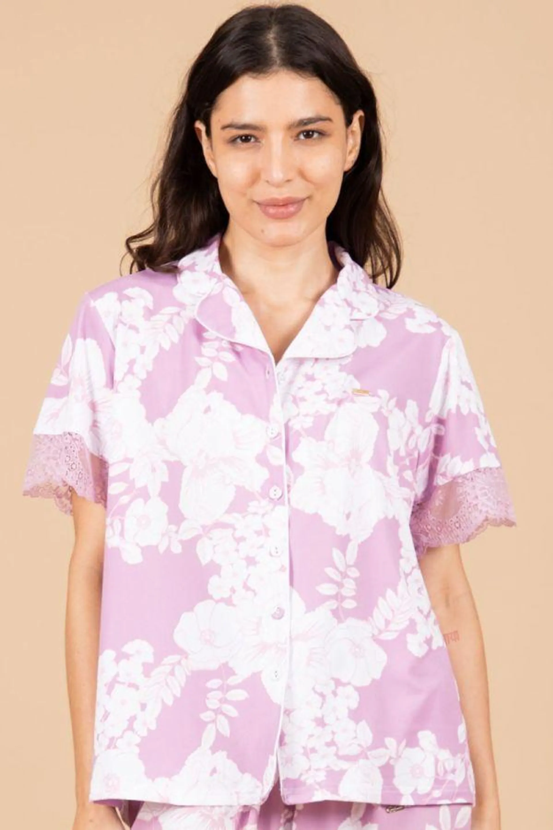 Ladies Mauve Floral Button Through Top