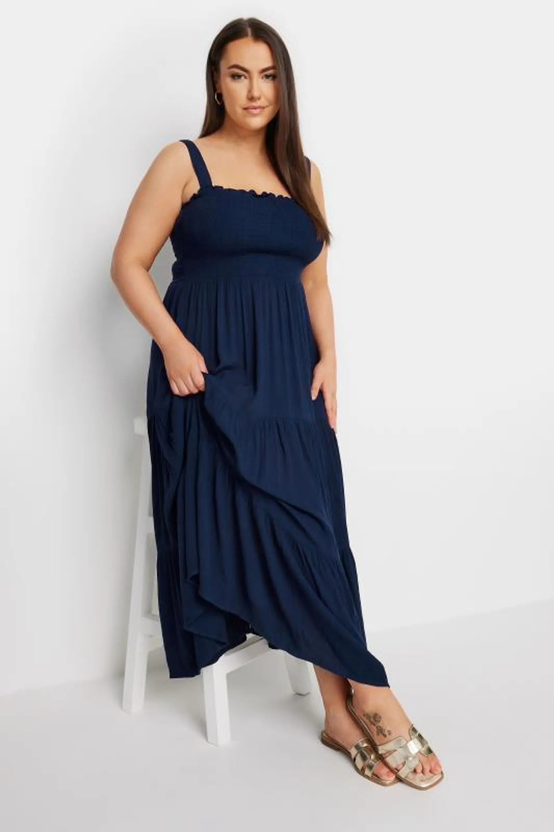 YOURS Curve Navy Blue Shirred Tiered Maxi Dress