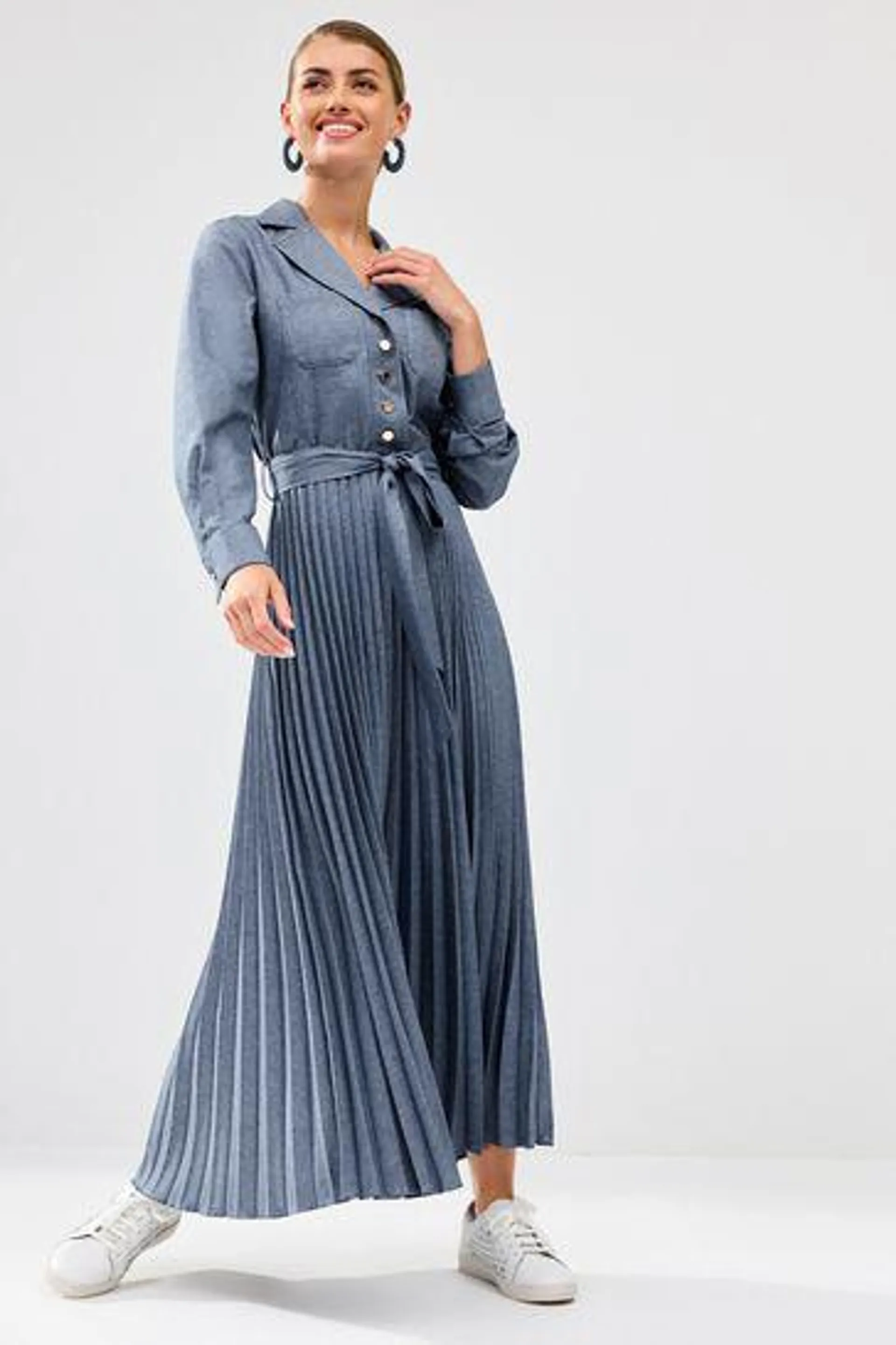 Pleated Long Sleeve Midi Dress