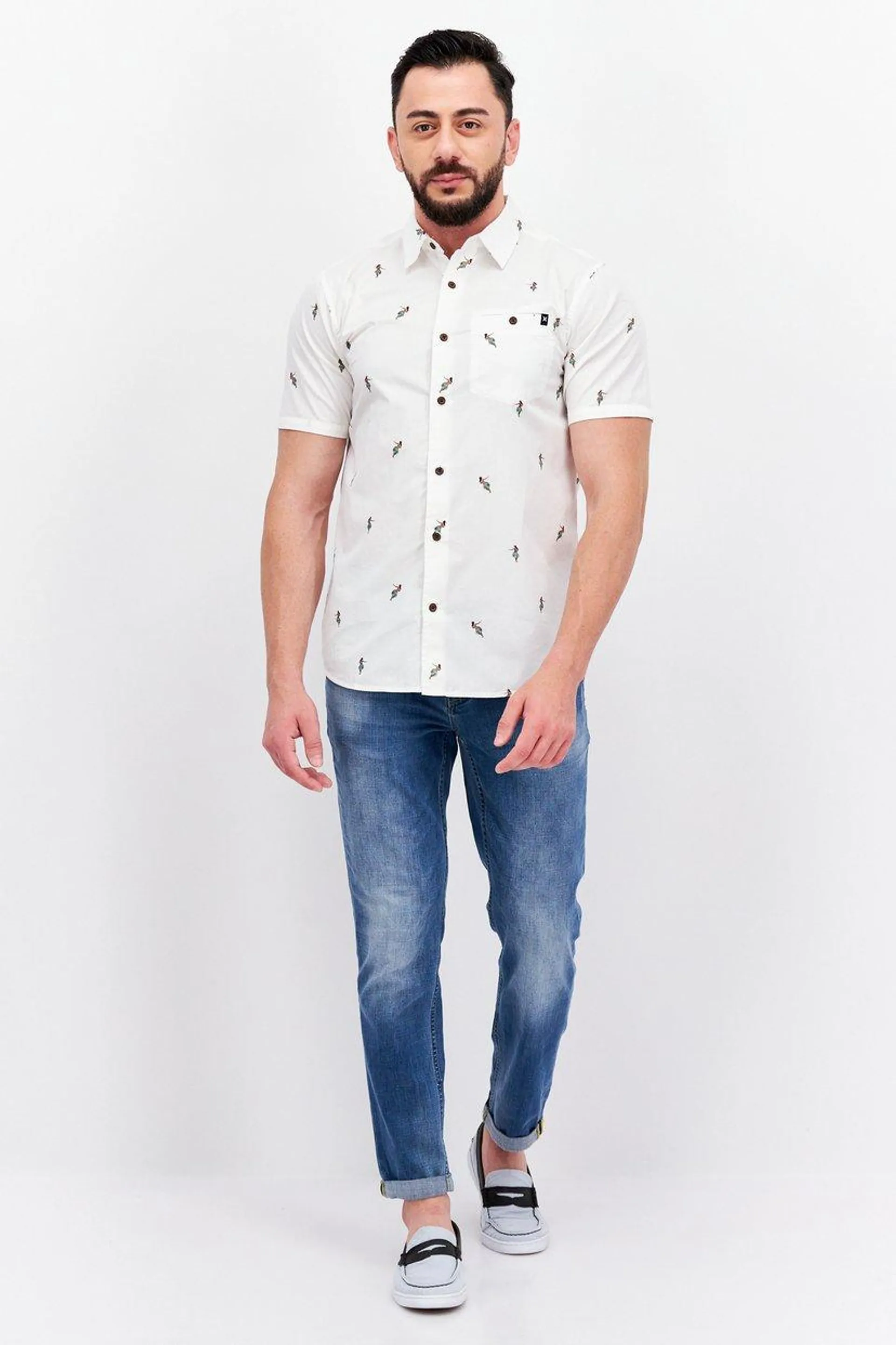 Men Regular Fit Allover Print Short Sleeve Casual Shirt, White