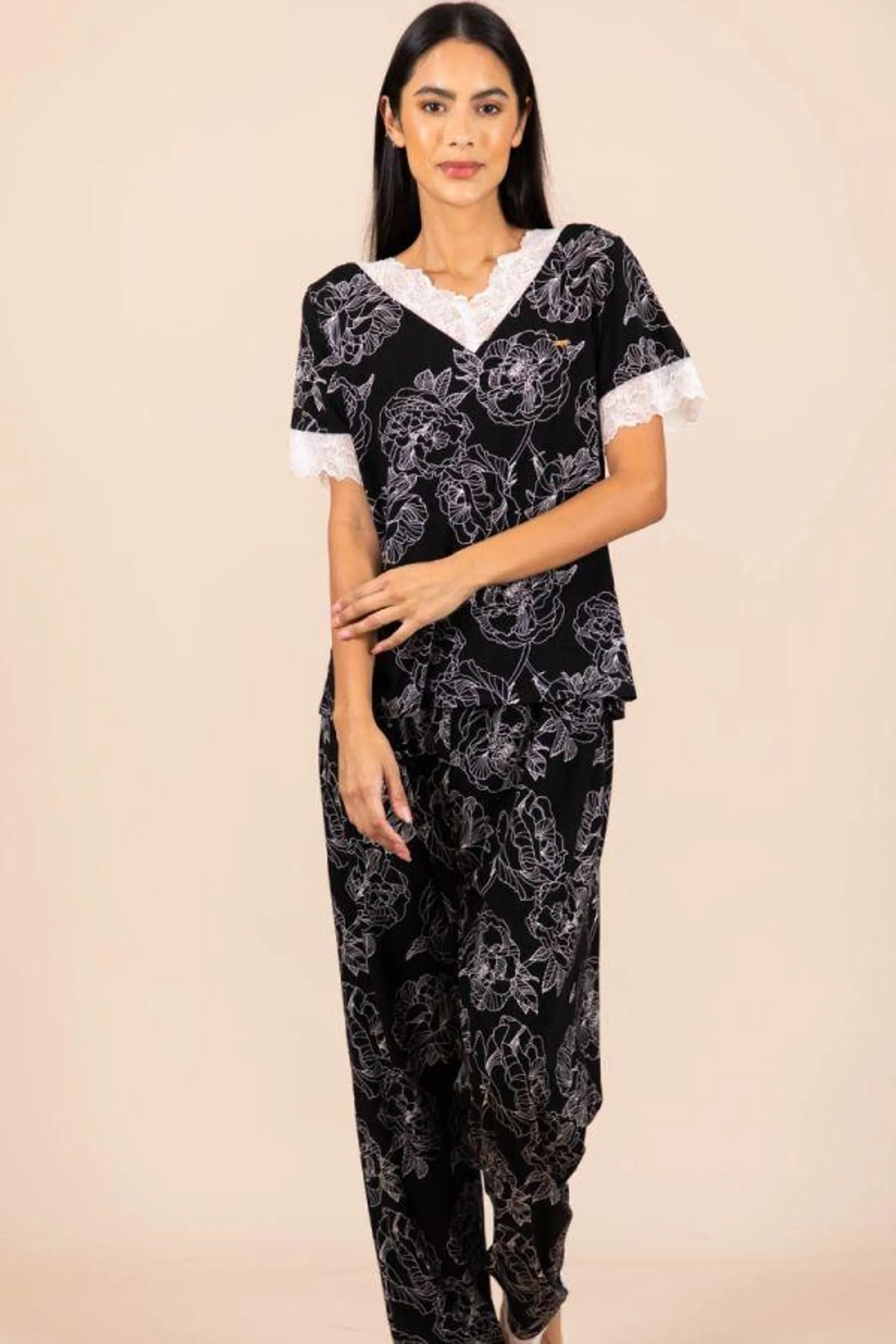 Ladies Black Outline Floral PJ