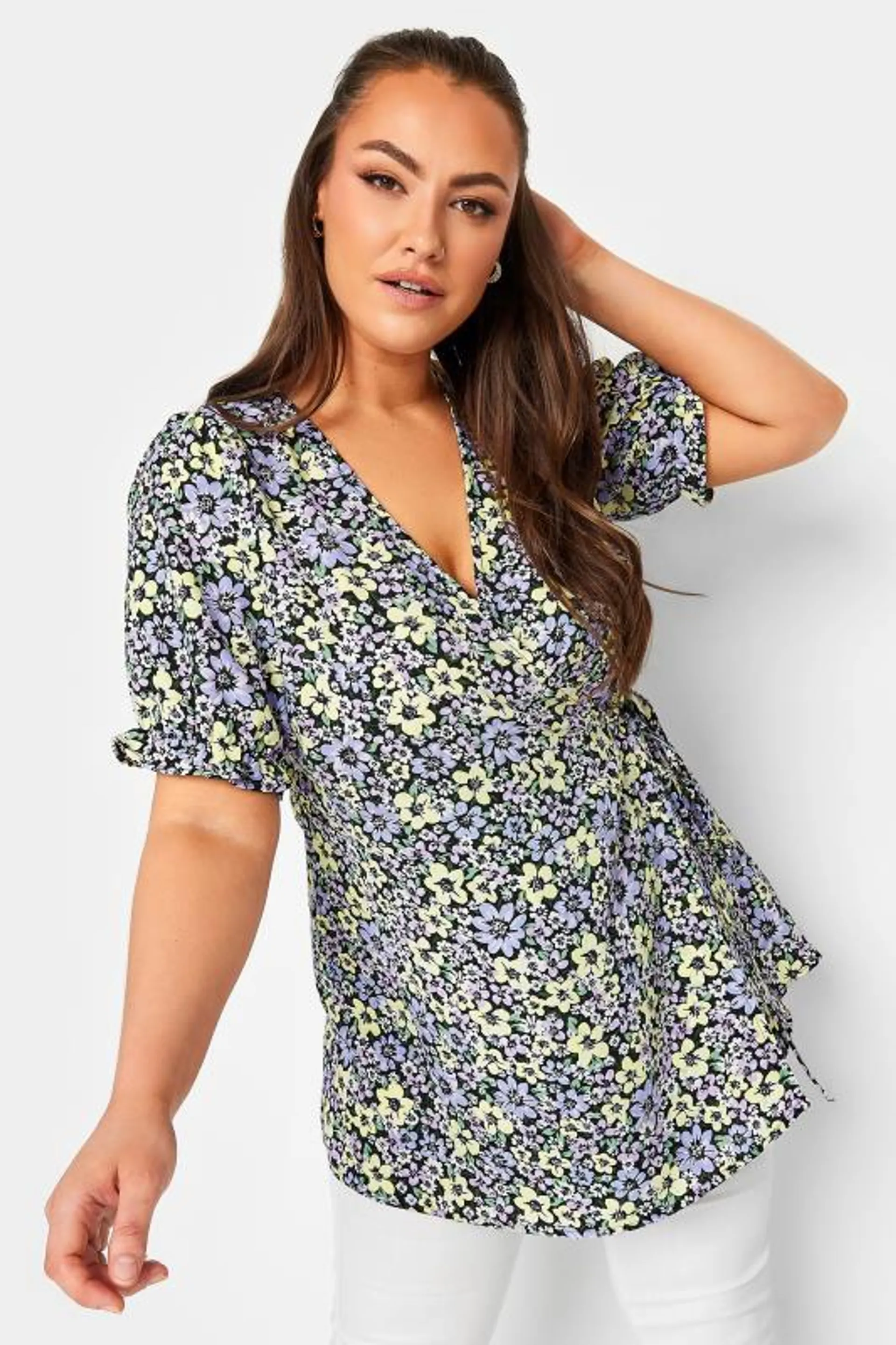 YOURS Curve Black & Purple Floral Print Wrap Top