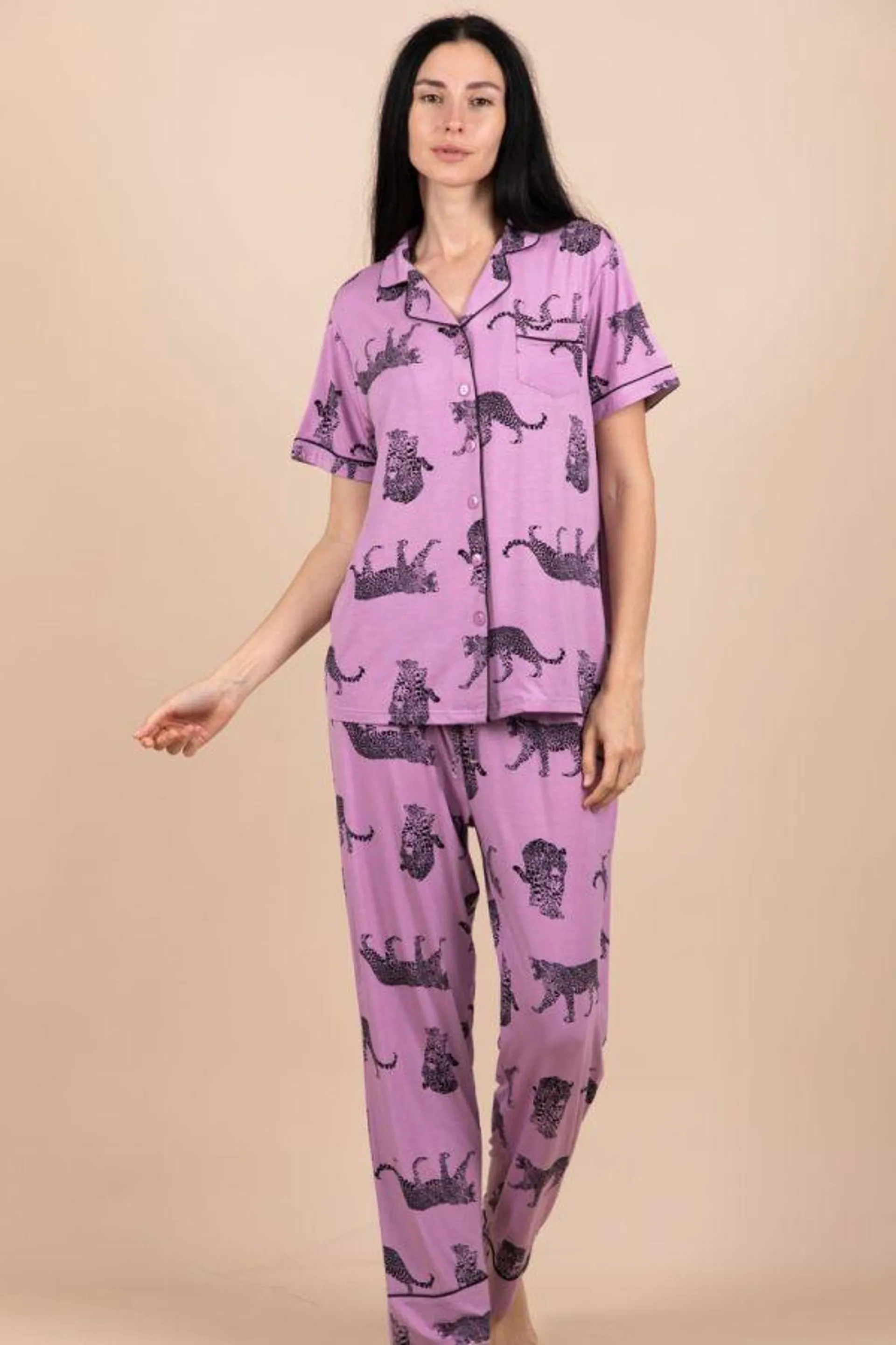 Ladies Lilac Leopard Animal Button Through PJ