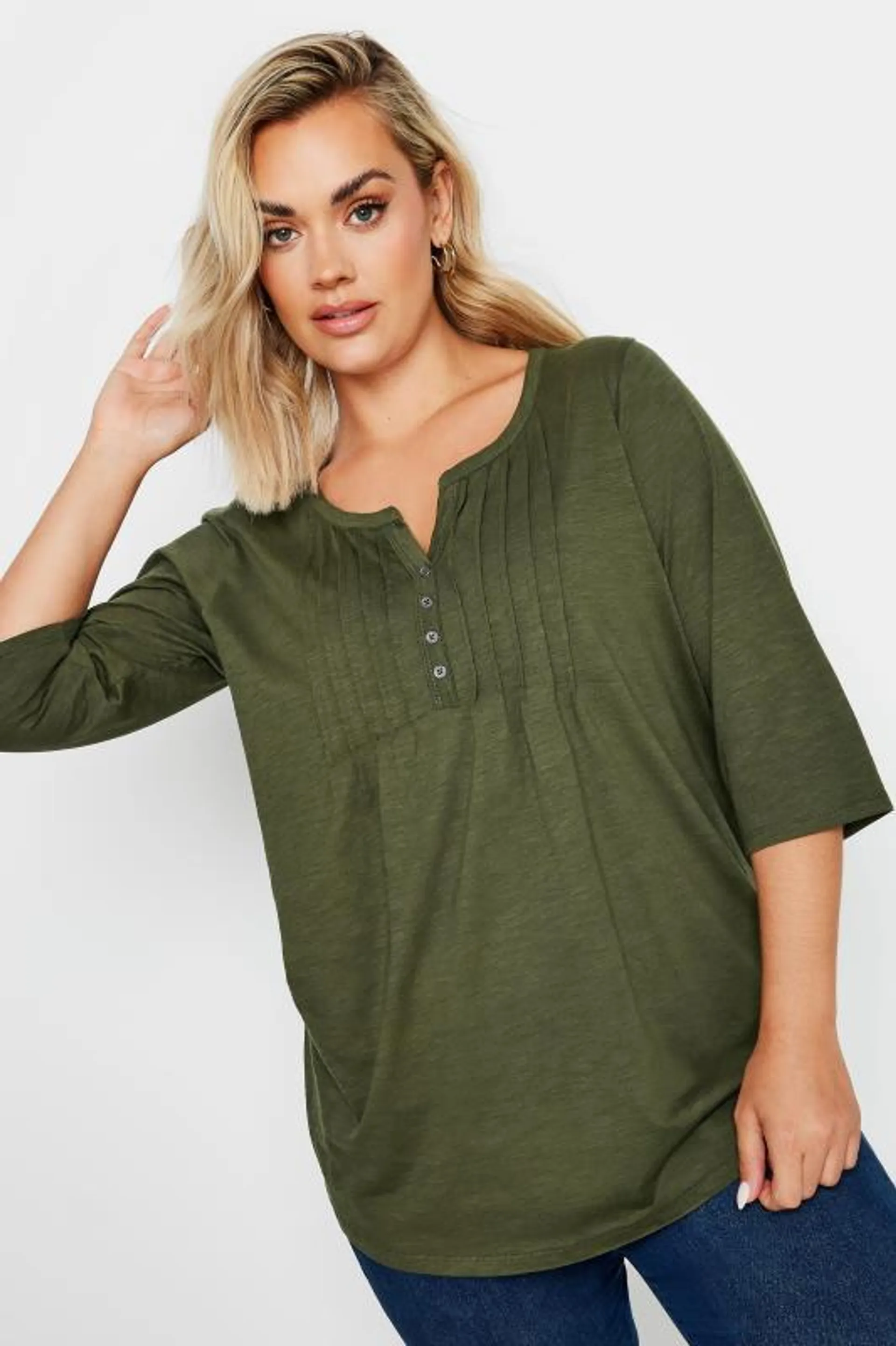 YOURS Curve Khaki Green Pintuck Henley Top