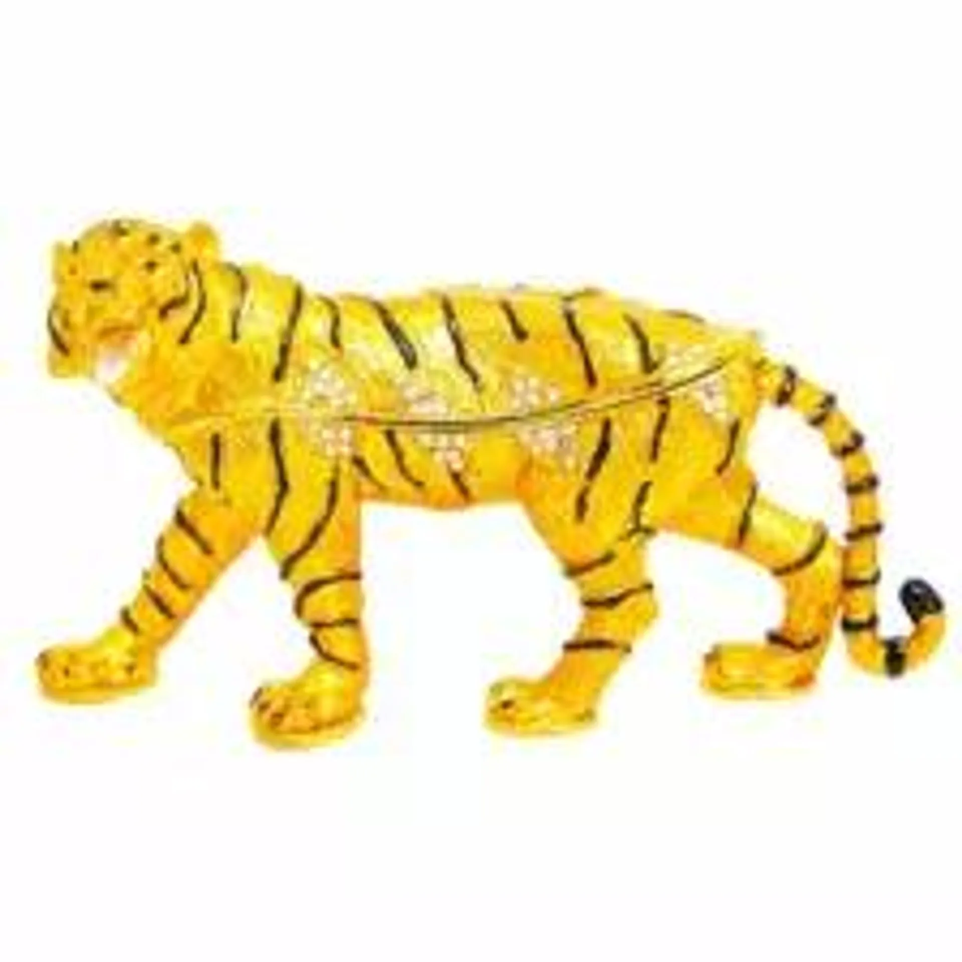 Golden Metal Classic Tiger Figurine Sculpture with Silver Enamel, Crystals Medium Size