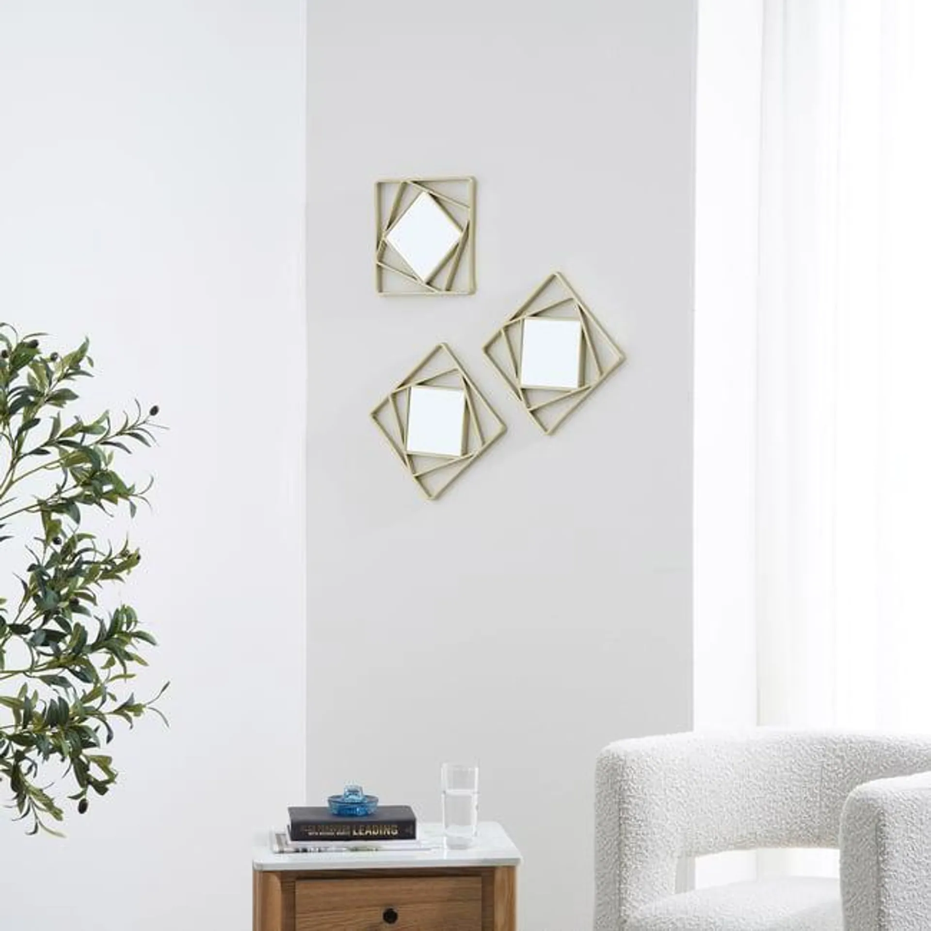 callisto set of 3 decorative square plastic mirror 25x2x25cm- champagne gold