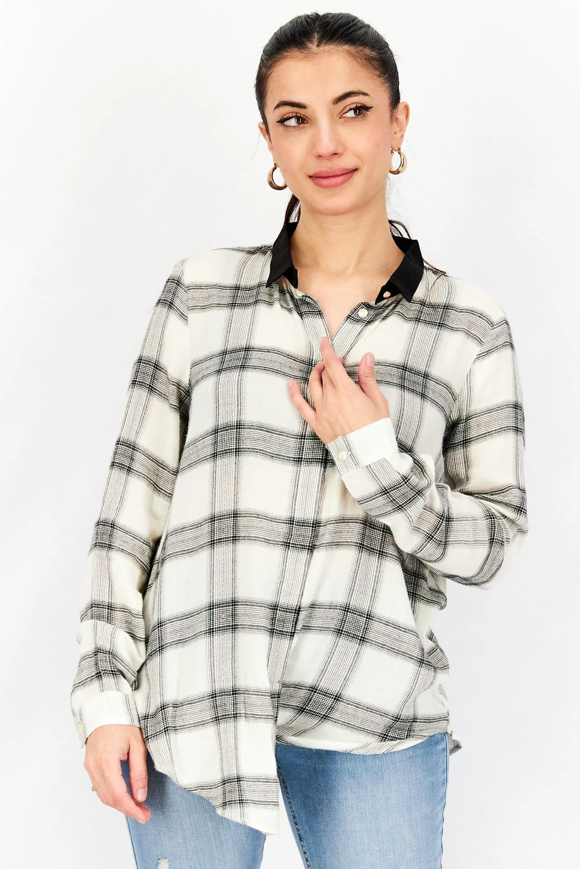 Women Spread Collar Long Sleeve Stripe Blouse, White/Black