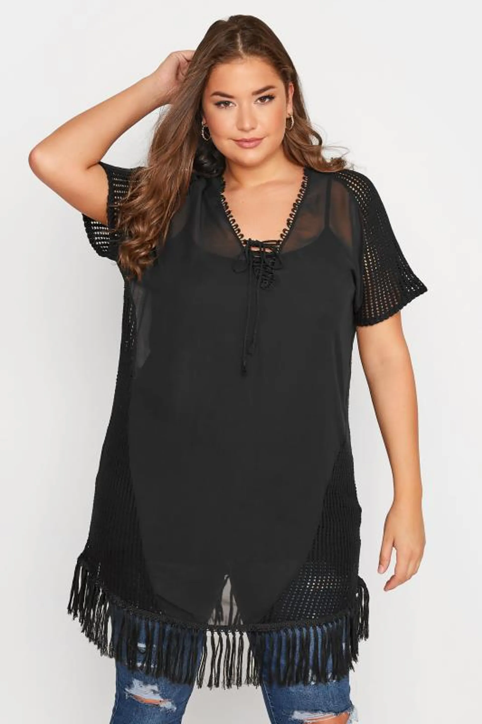 YOURS Curve Black Chiffon Short Sleeve Fringe Hem Top